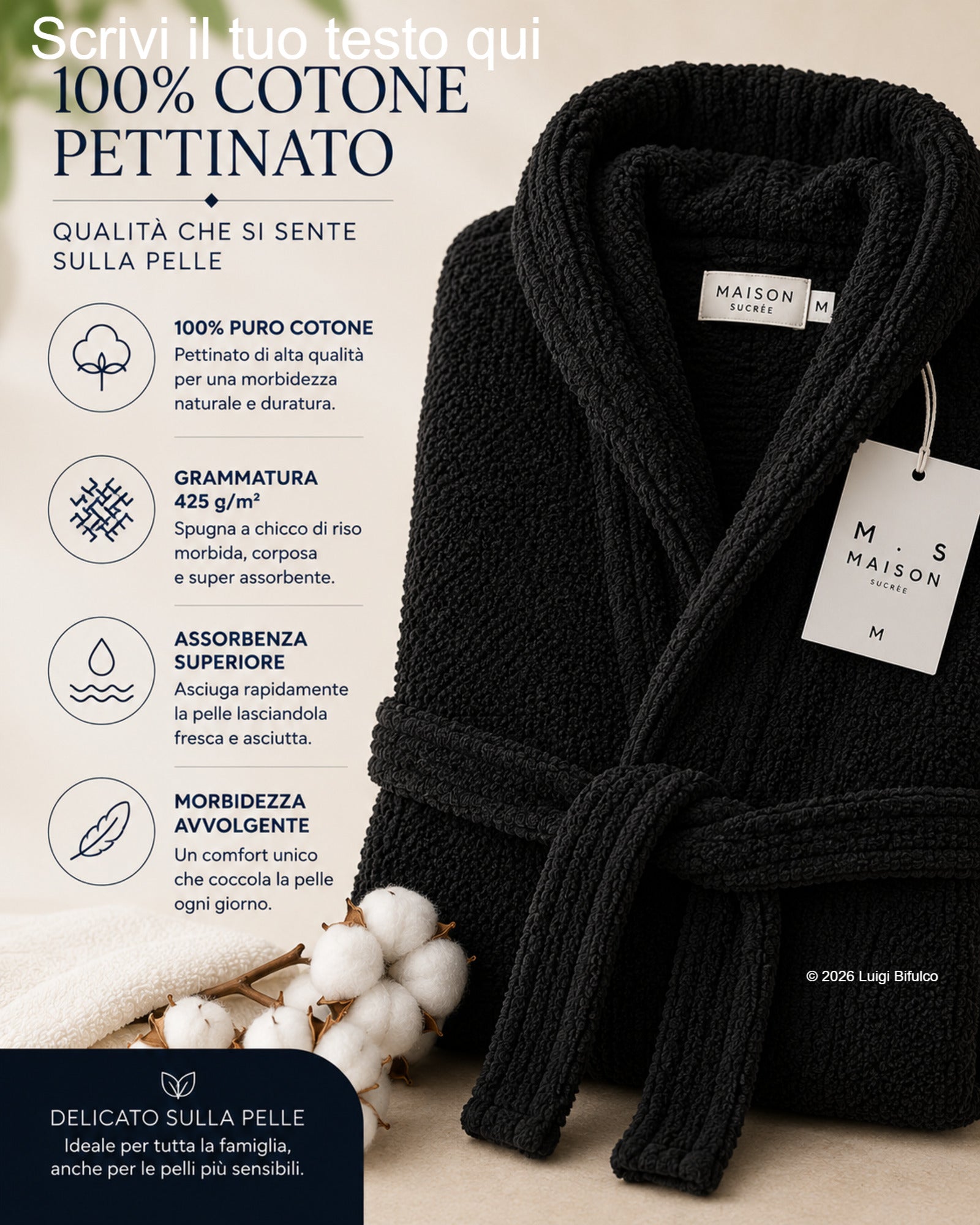 Infografica accappatoio Maison Sucrée Pepe nero in cotone pettinato 425 GSM con lavorazione chicco di riso e certificazione AZO-FREE