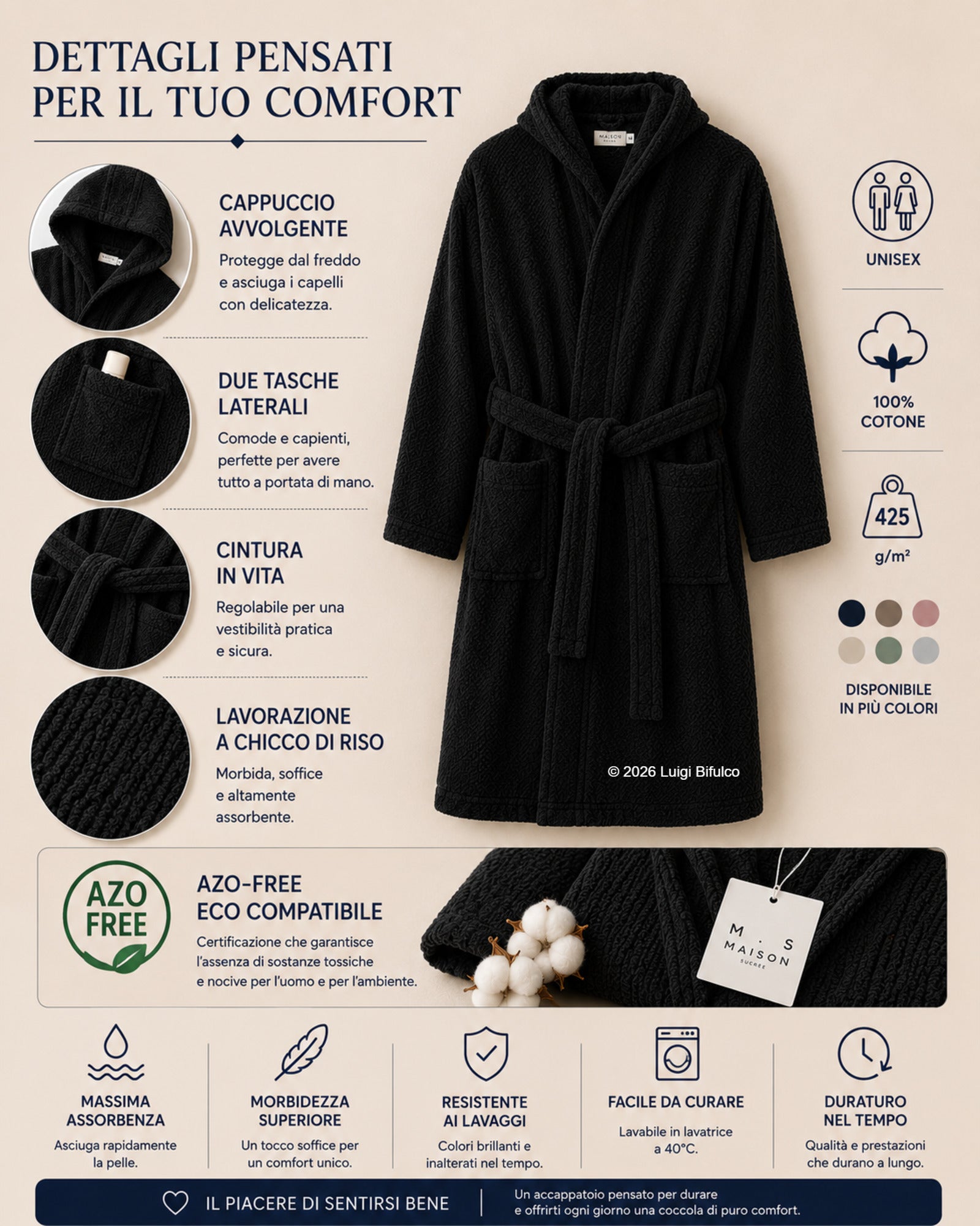 Infografica accappatoio Maison Sucrée Pepe nero con cappuccio, tasche laterali, cintura regolabile, lavorazione chicco di riso e certificazione AZO-FREE