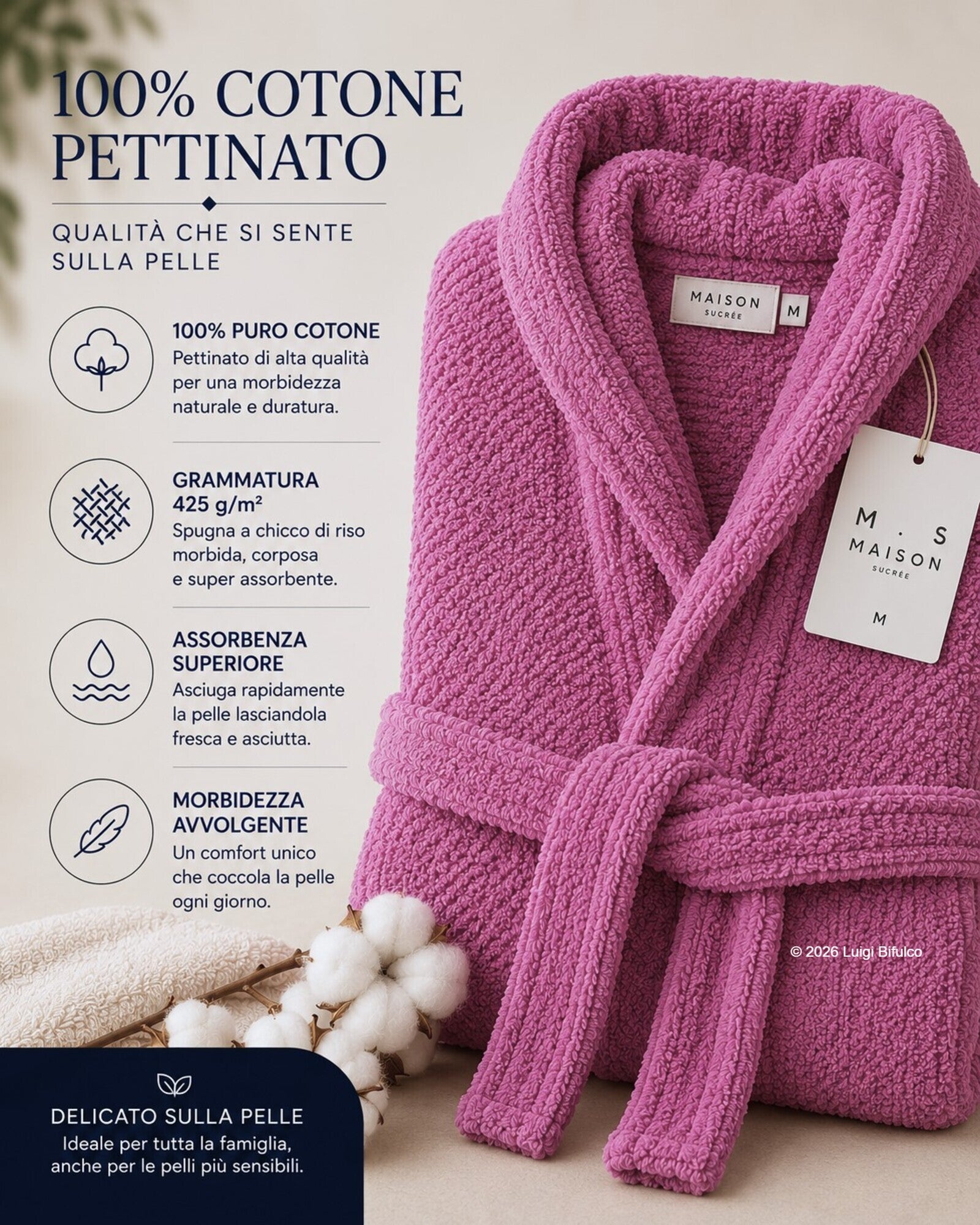 Infografica accappatoio Maison Sucrée Pepe orchidea  in cotone pettinato 425 GSM con lavorazione chicco di riso e certificazione AZO-FREE