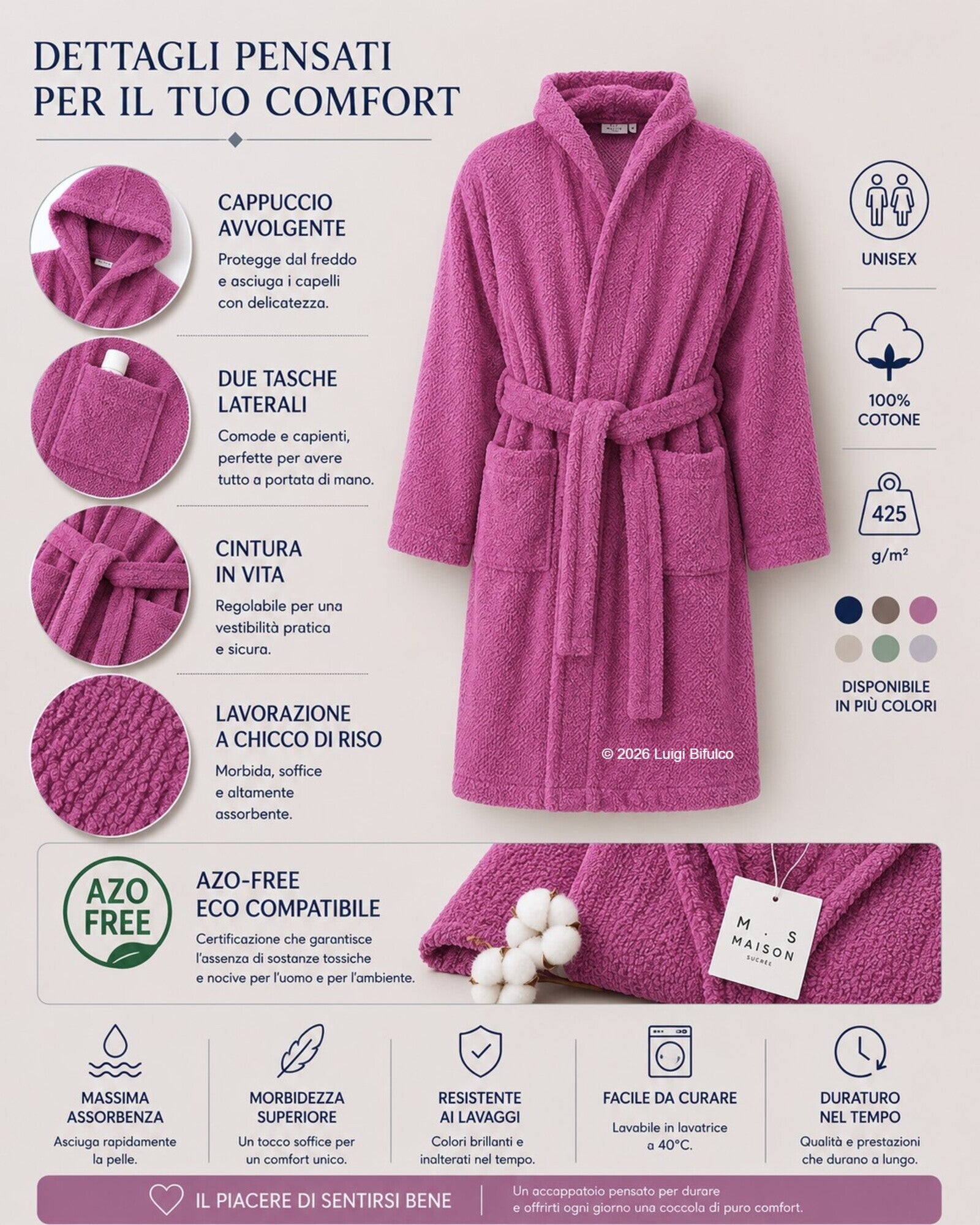 Infografica accappatoio Maison Sucrée Pepe orchidea con cappuccio, tasche laterali, cintura regolabile, lavorazione chicco di riso e certificazione AZO-FREE