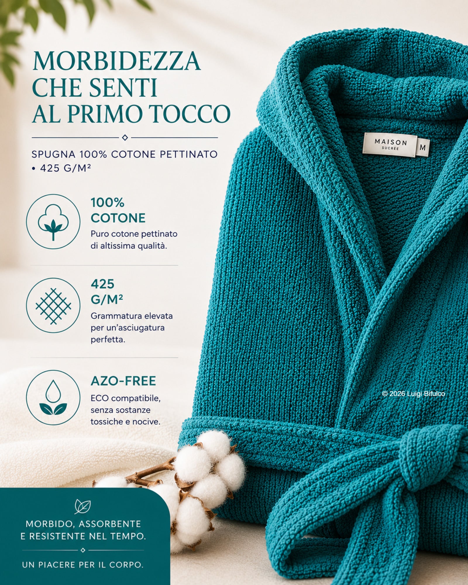 Infografica accappatoio Maison Sucrée Pepe ottanio in cotone pettinato 425 GSM con lavorazione chicco di riso e certificazione AZO-FREE