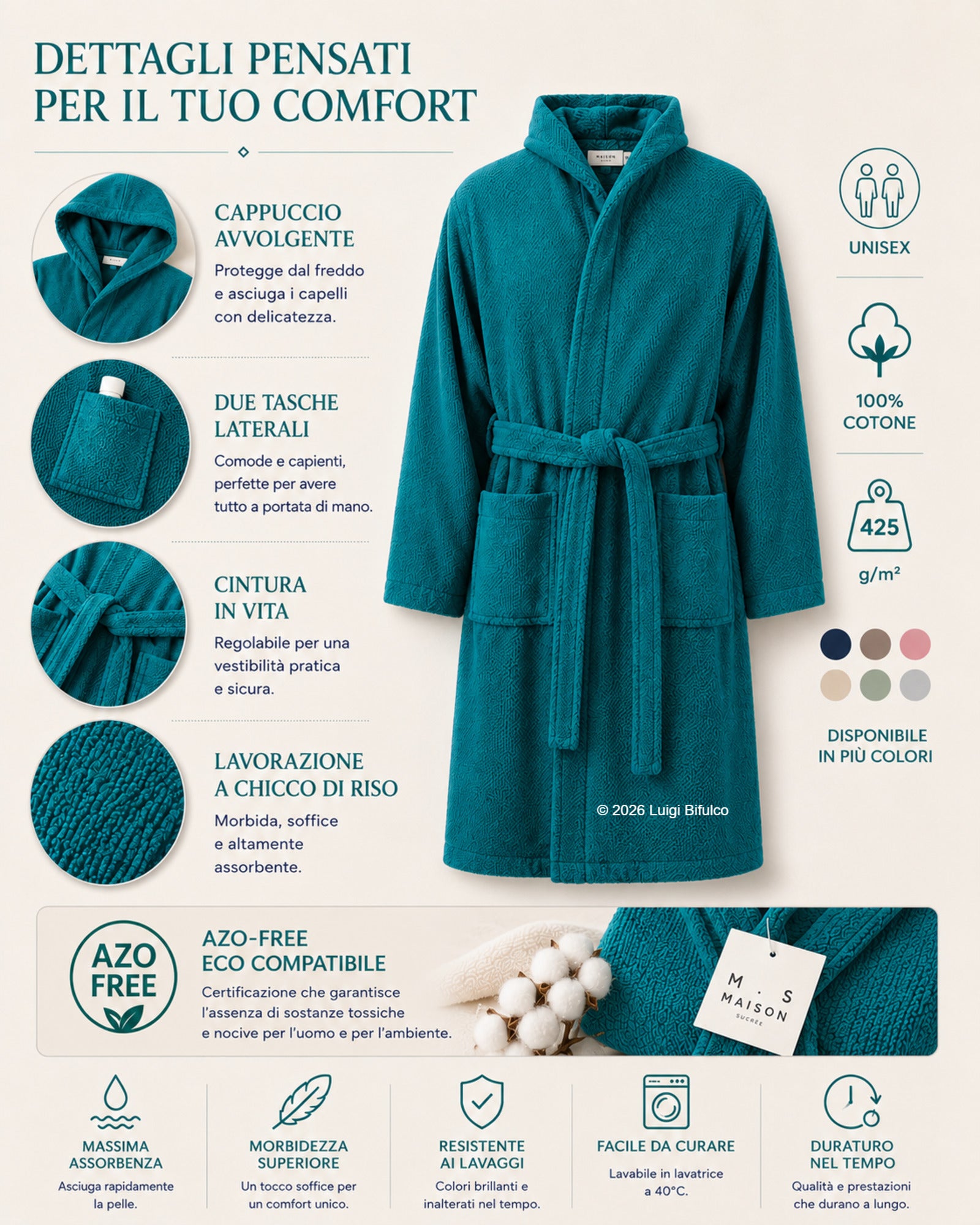 Infografica accappatoio Maison Sucrée Pepe ottanio con cappuccio, tasche laterali, cintura regolabile, lavorazione chicco di riso e certificazione AZO-FREE