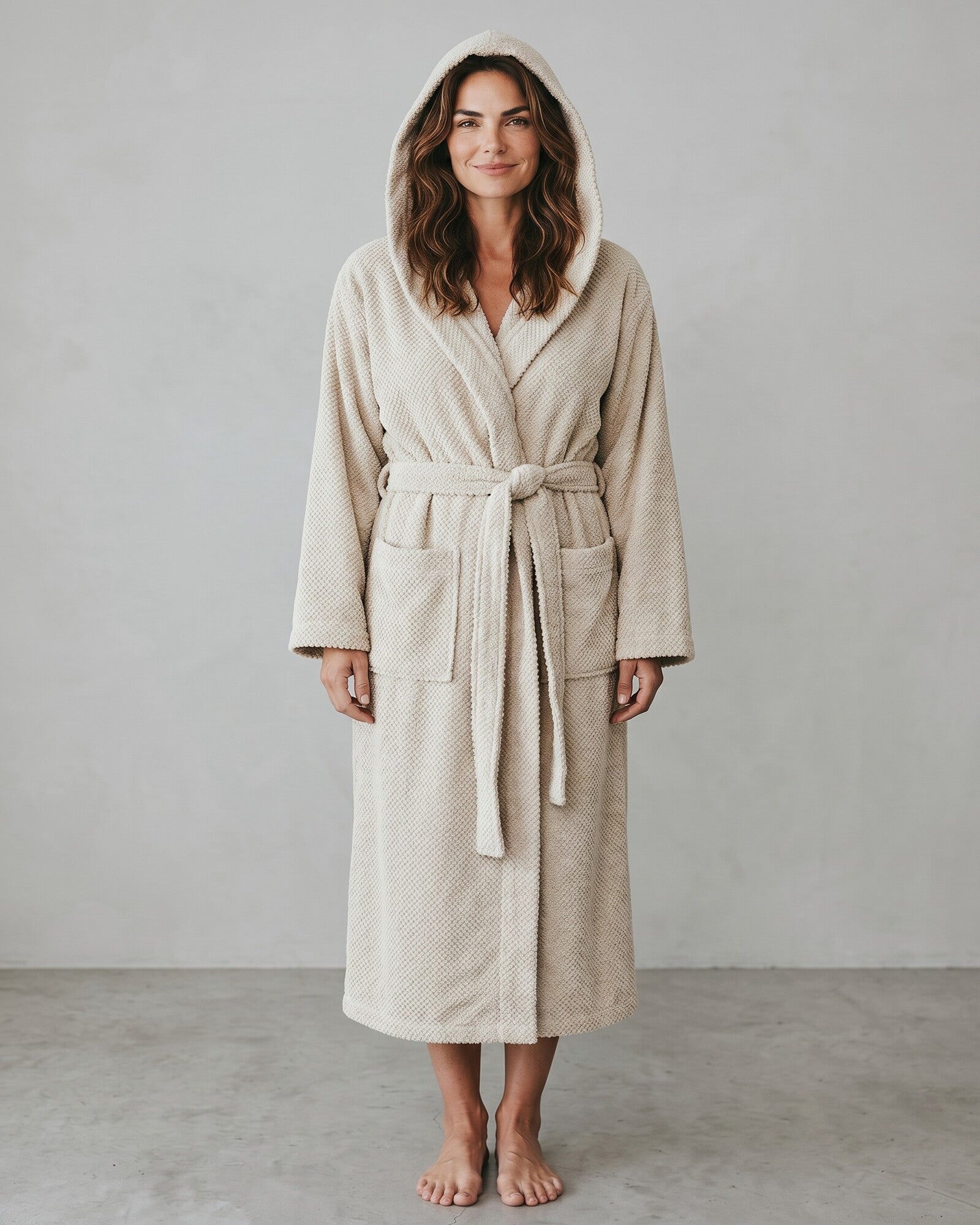 Accappatoio unisex avorio Rebecca Home Giulia in spugna 100% cotone jacquard con cappuccio
