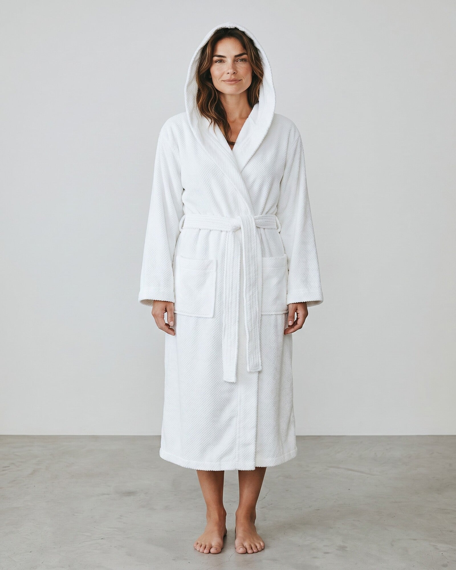 Accappatoio unisex bianco Rebecca Home Giulia in spugna 100% cotone jacquard con cappuccio
