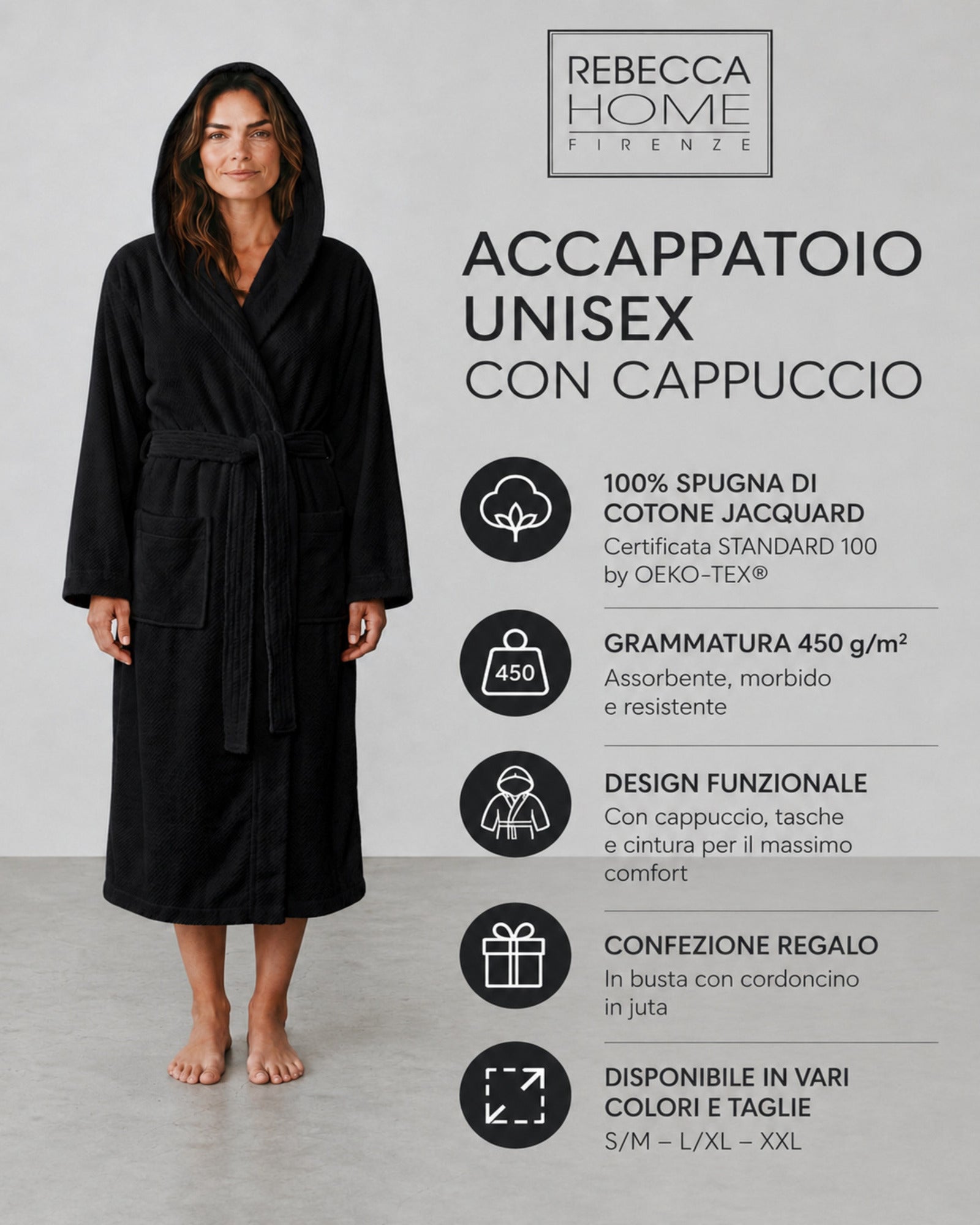 Accappatoio unisex Rebecca Home nero con cappuccio in cotone jacquard 450 g/m²