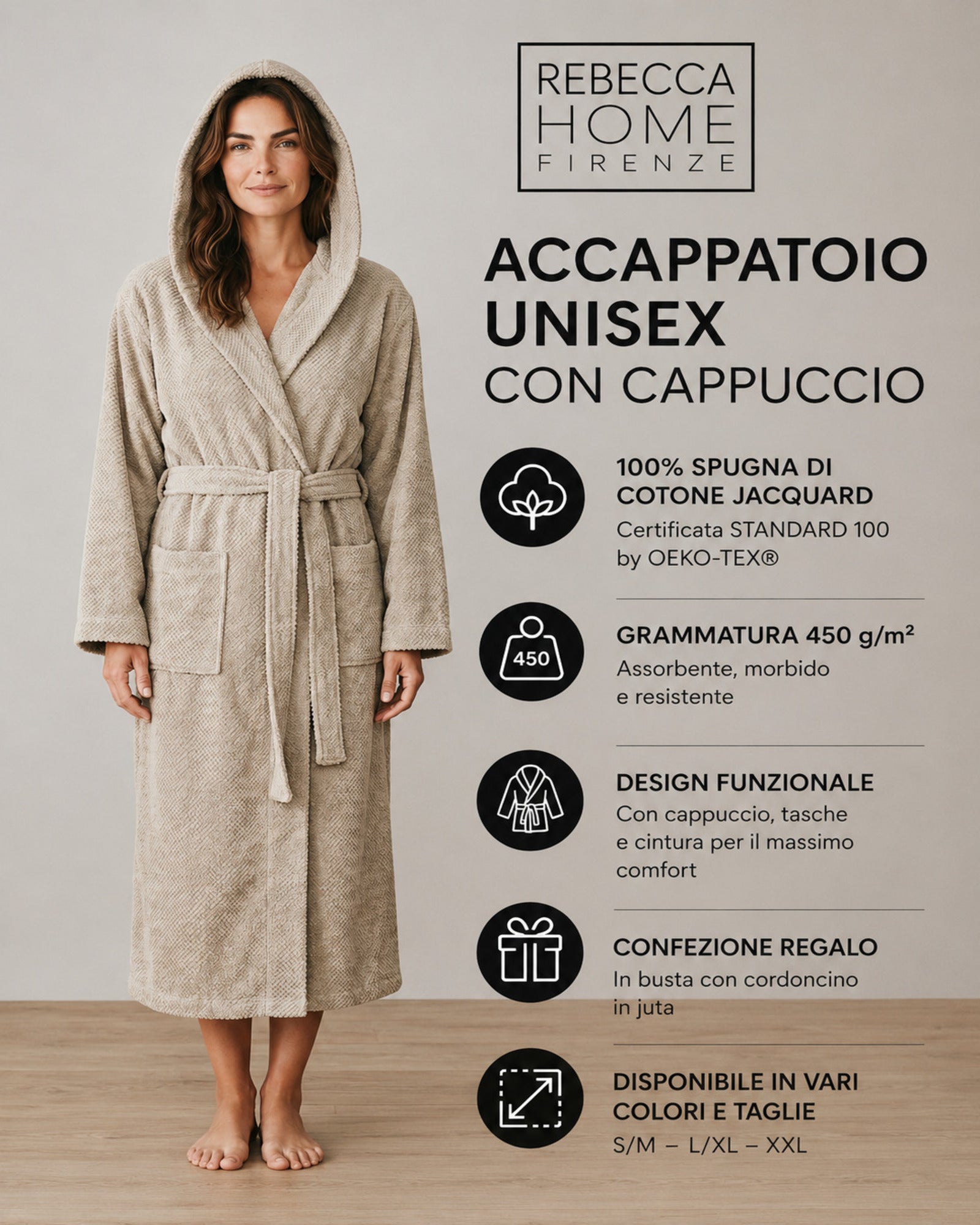 Accappatoio unisex Rebecca Home sabbia con cappuccio in cotone jacquard 450 g/m²