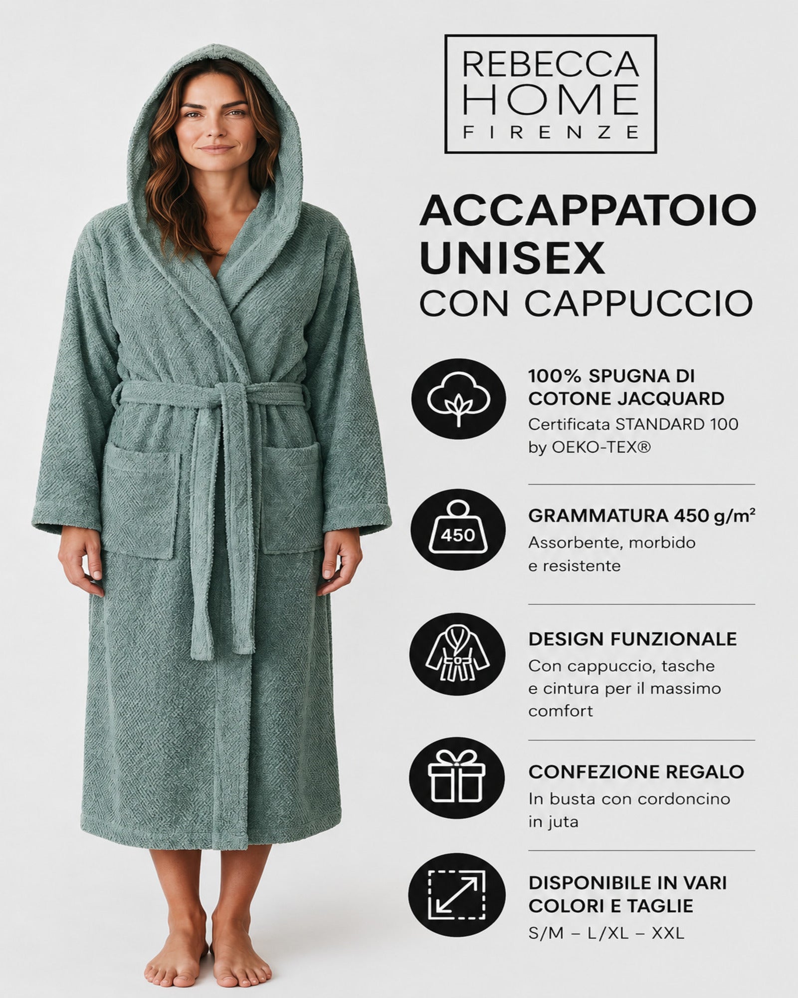 Accappatoio unisex Rebecca Home salvia con cappuccio in cotone jacquard 450 g/m²
