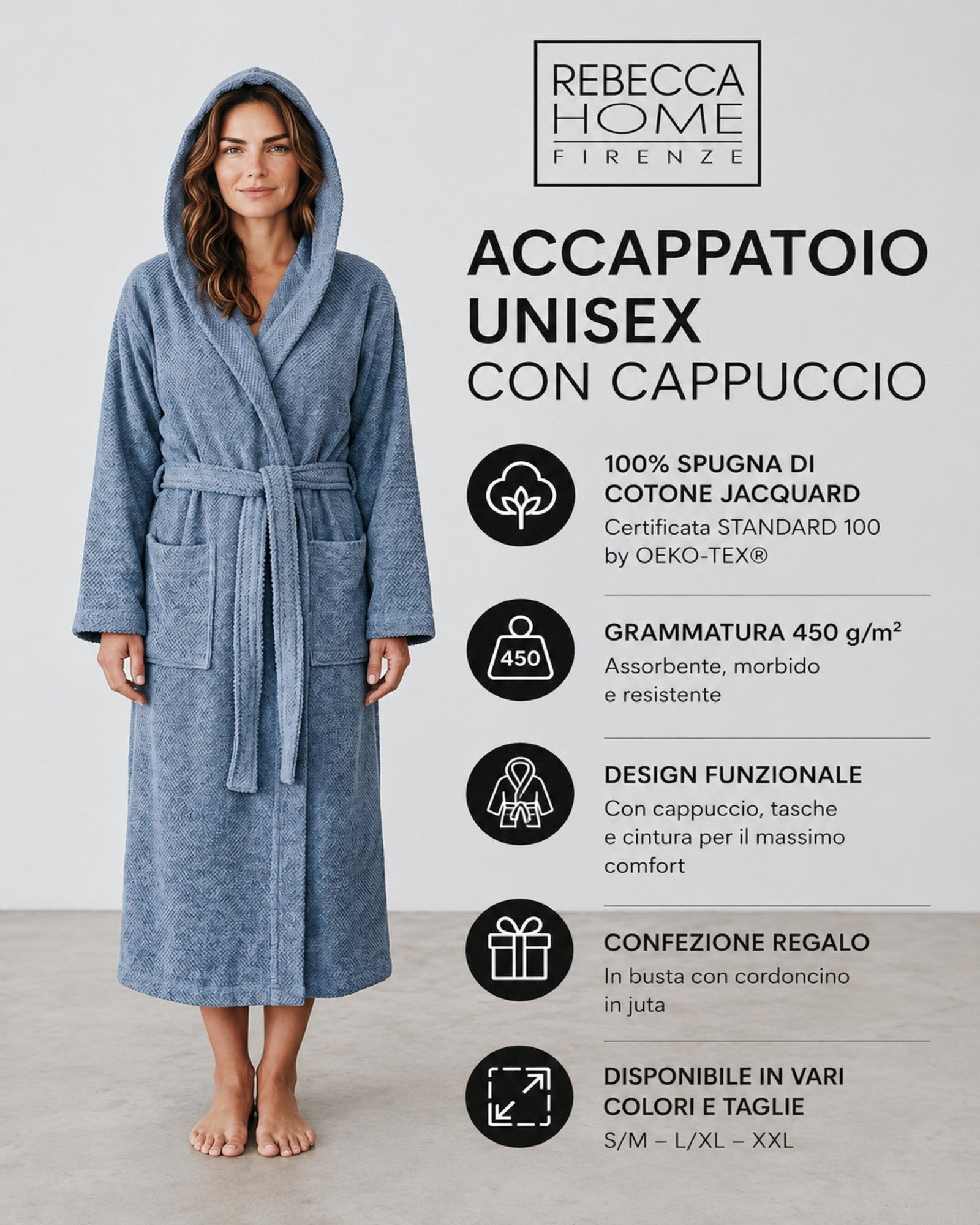 Accappatoio unisex Rebecca Home indigo con cappuccio in cotone jacquard 450 g/m²