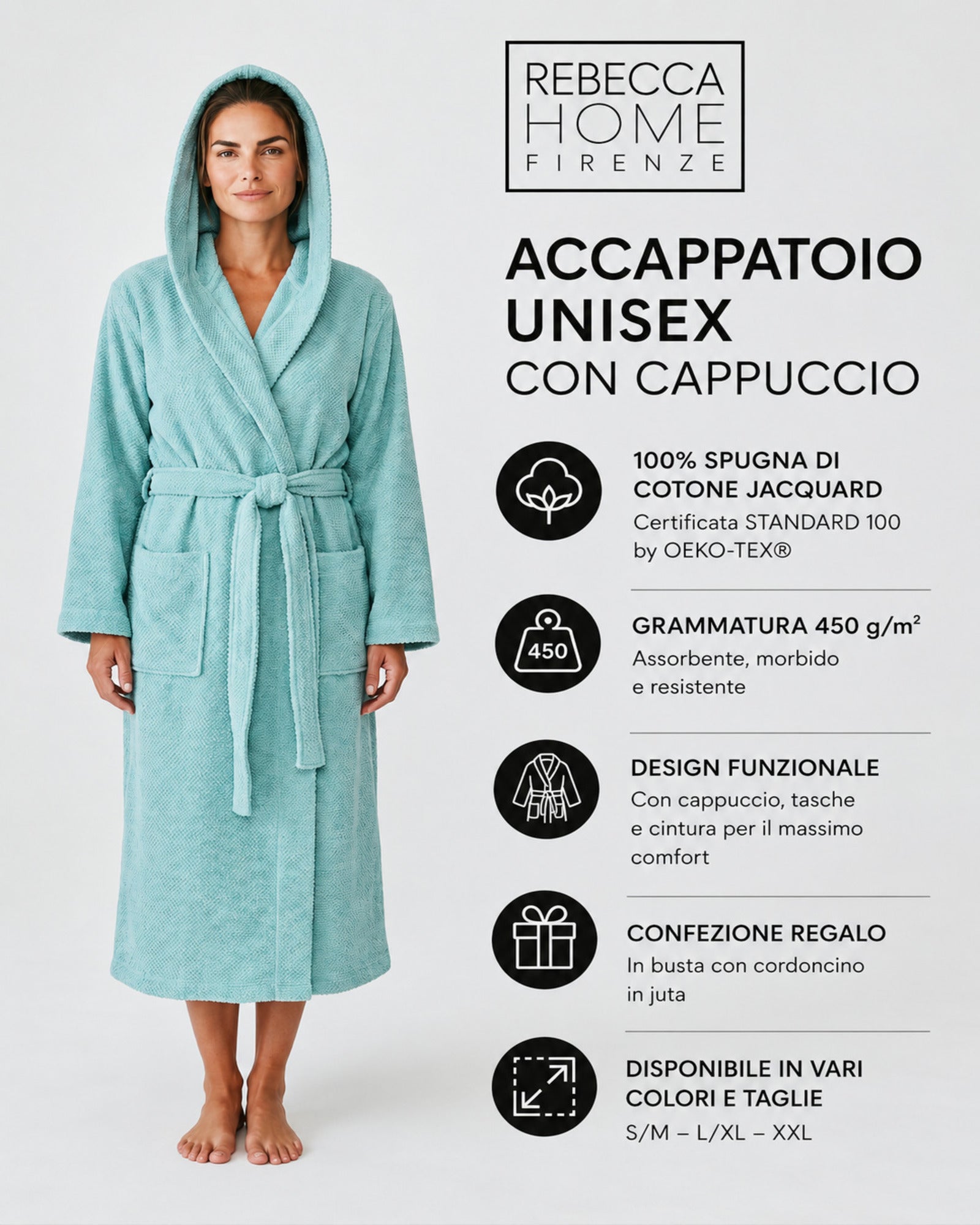 Accappatoio unisex Rebecca Home minerale con cappuccio in cotone jacquard 450 g/m²