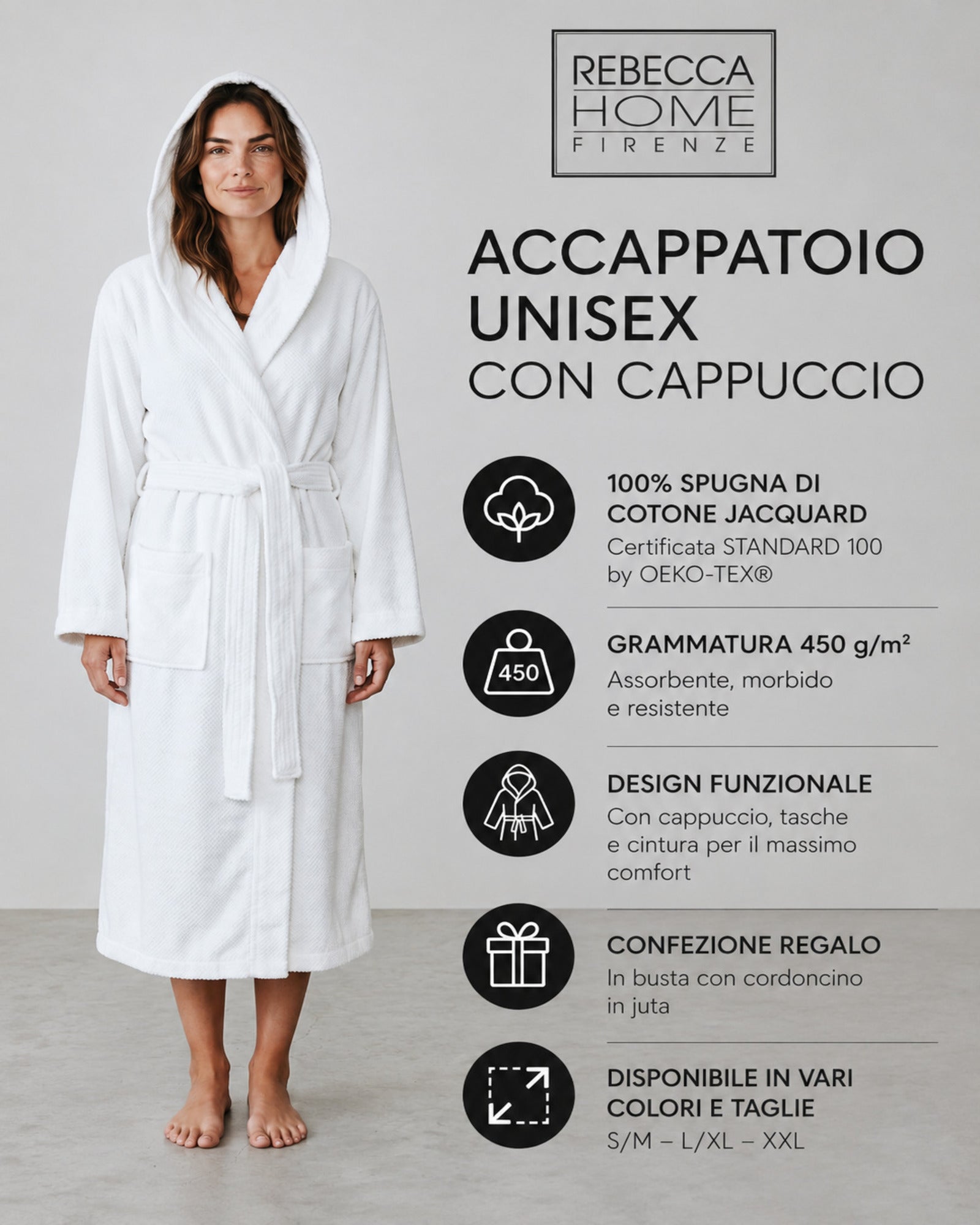 Accappatoio unisex Rebecca Home bianco con cappuccio in cotone jacquard 450 g/m²