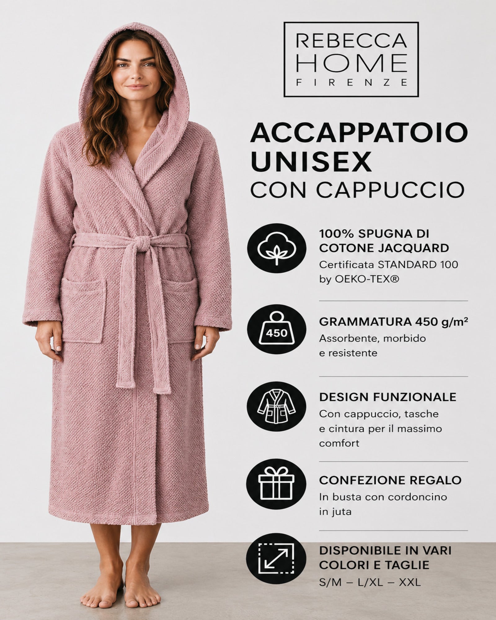 Accappatoio unisex Rebecca Home rosa con cappuccio in cotone jacquard 450 g/m²