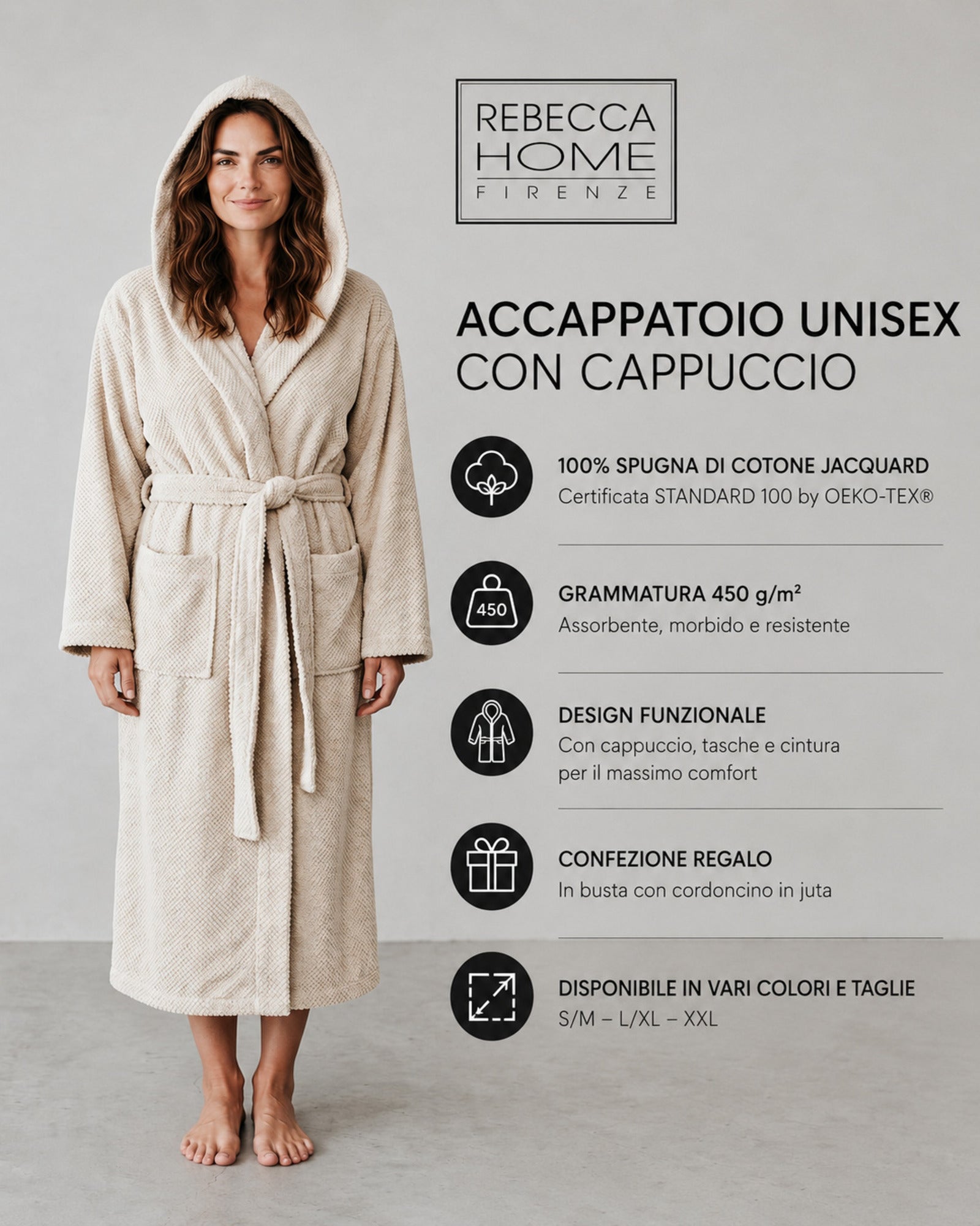 Accappatoio unisex Rebecca Home avorio con cappuccio in cotone jacquard 450 g/m²