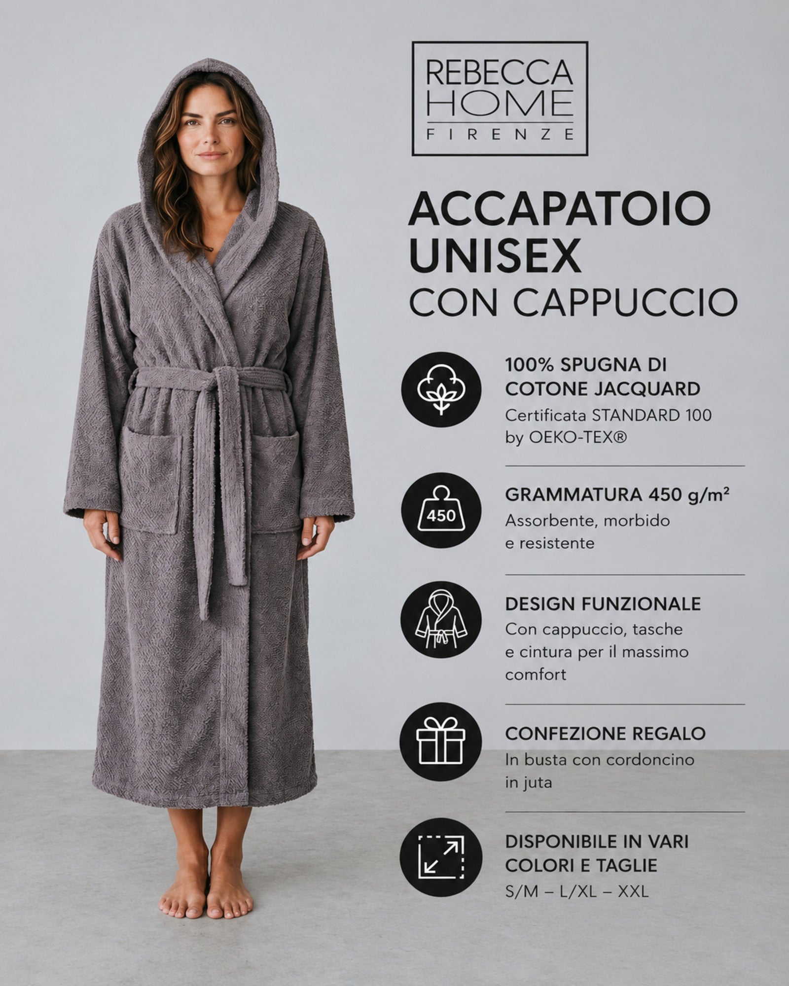 Accappatoio unisex Rebecca Home grigio con cappuccio in cotone jacquard 450 g/m²