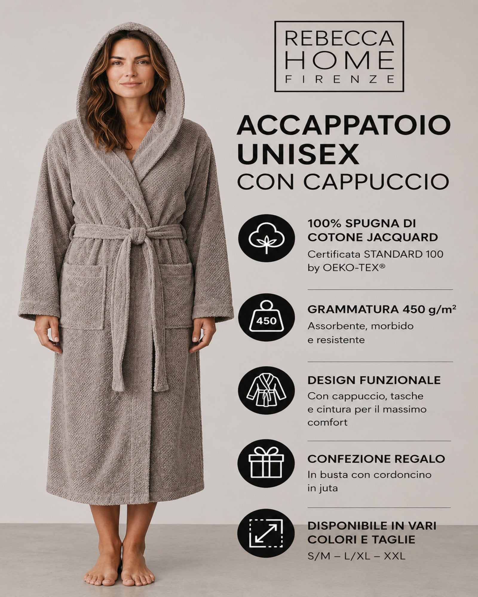 Accappatoio unisex Rebecca Home tortora con cappuccio in cotone jacquard 450 g/m²