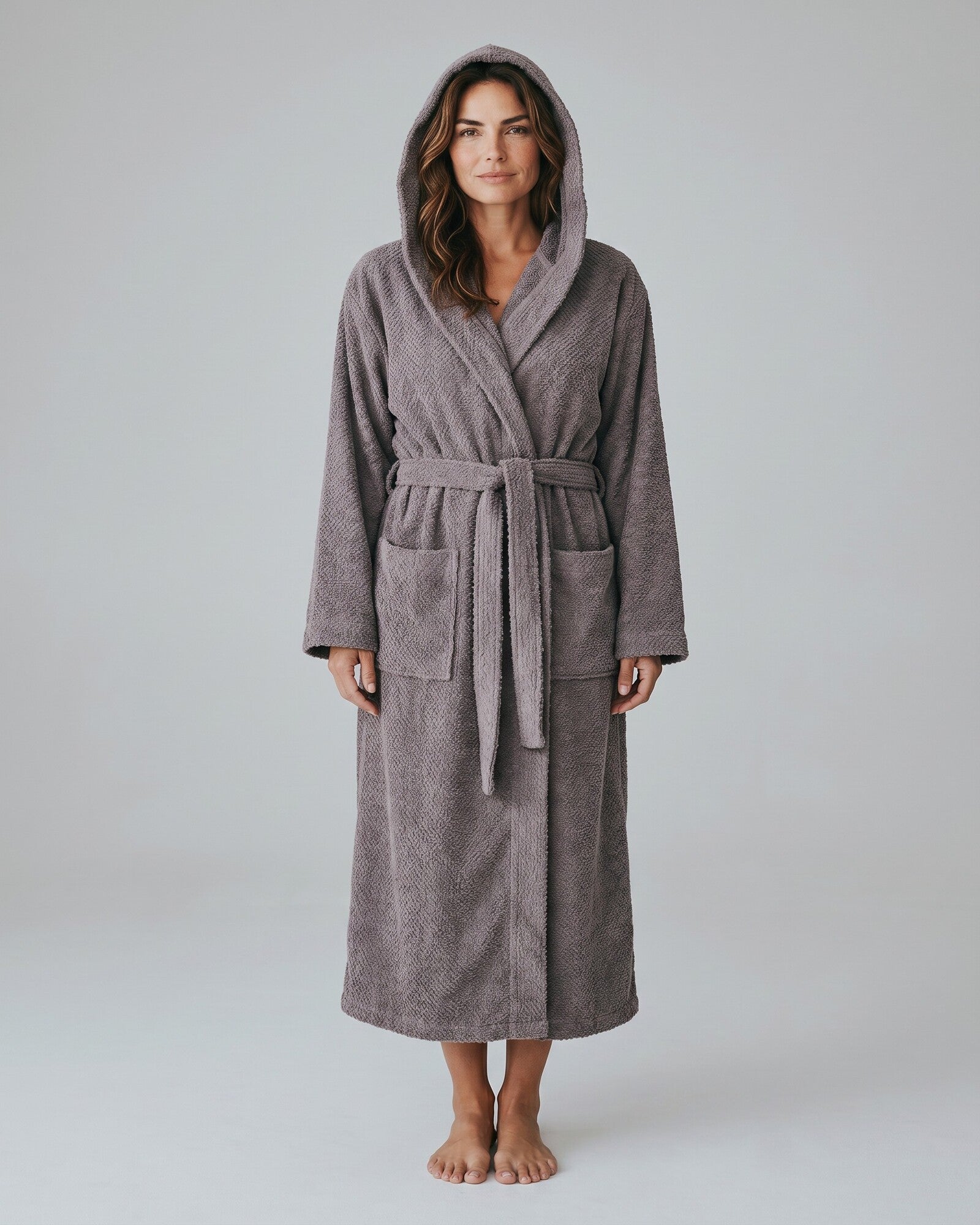 Accappatoio unisex grigio Rebecca Home Giulia in spugna 100% cotone jacquard con cappuccio