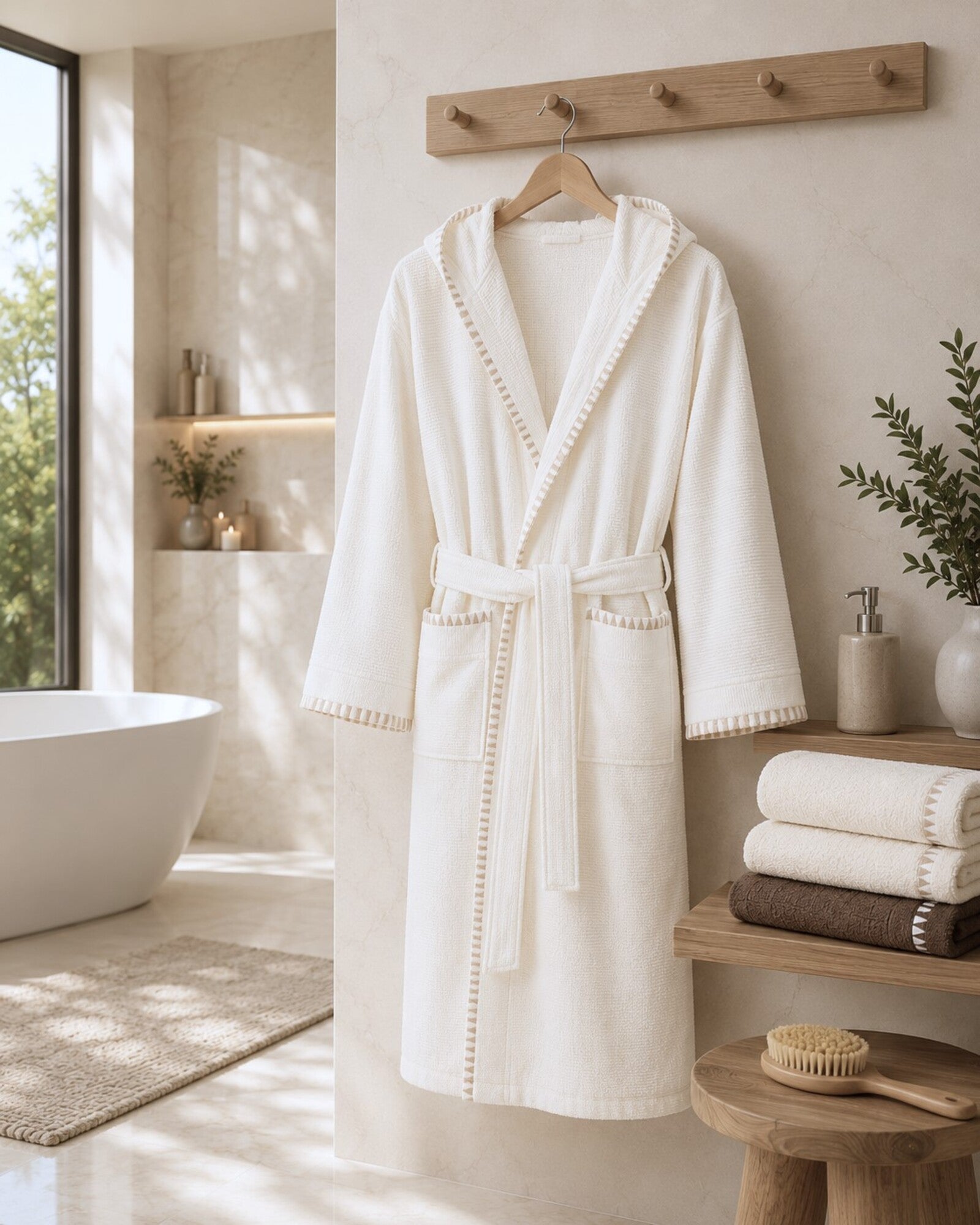 Accappatoio unisex Maison Sucrée Brera in cotone jacquard colore burro con cappuccio in elegante ambiente bagno