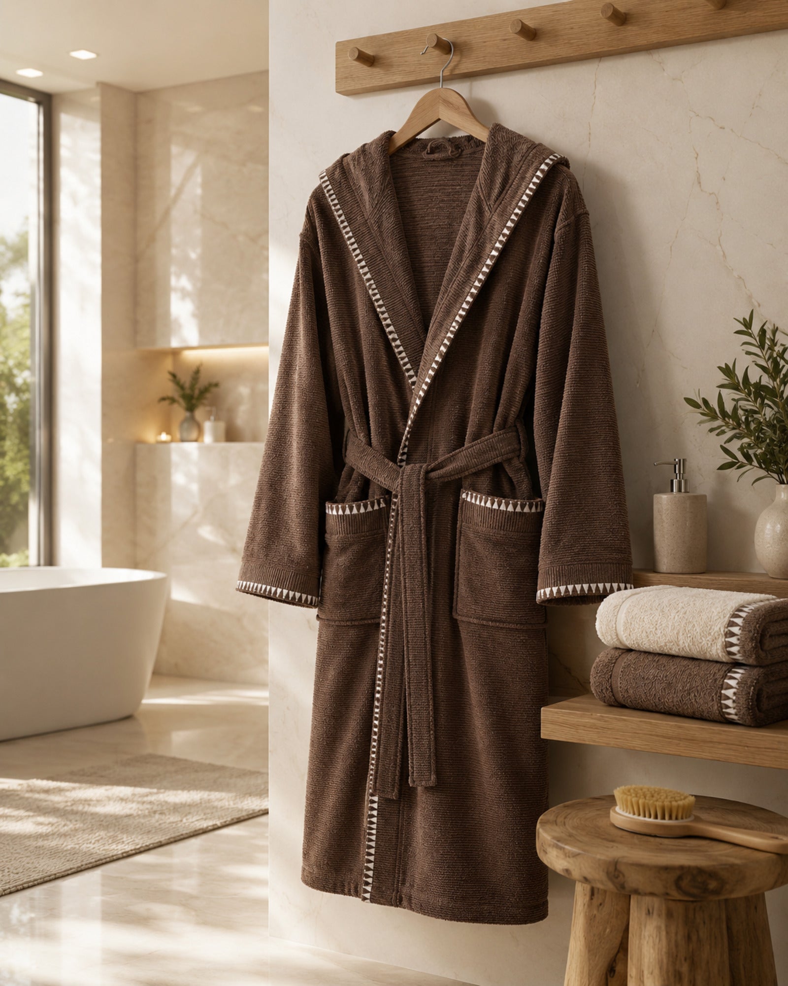Accappatoio unisex Maison Sucrée Brera in cotone jacquard colore cioccolato con cappuccio appeso in elegante bagno moderno