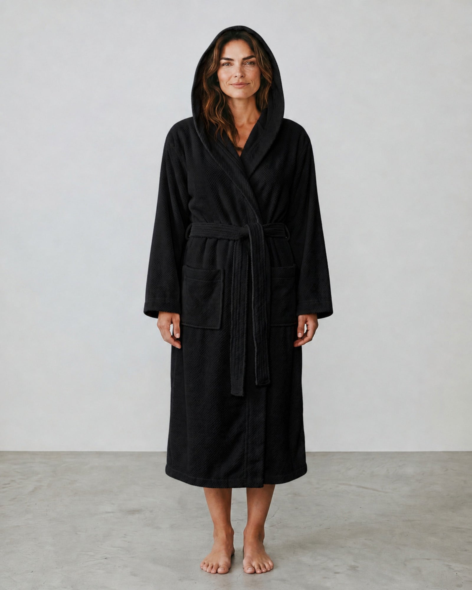 Accappatoio unisex nero Rebecca Home Giulia in spugna 100% cotone jacquard con cappuccio