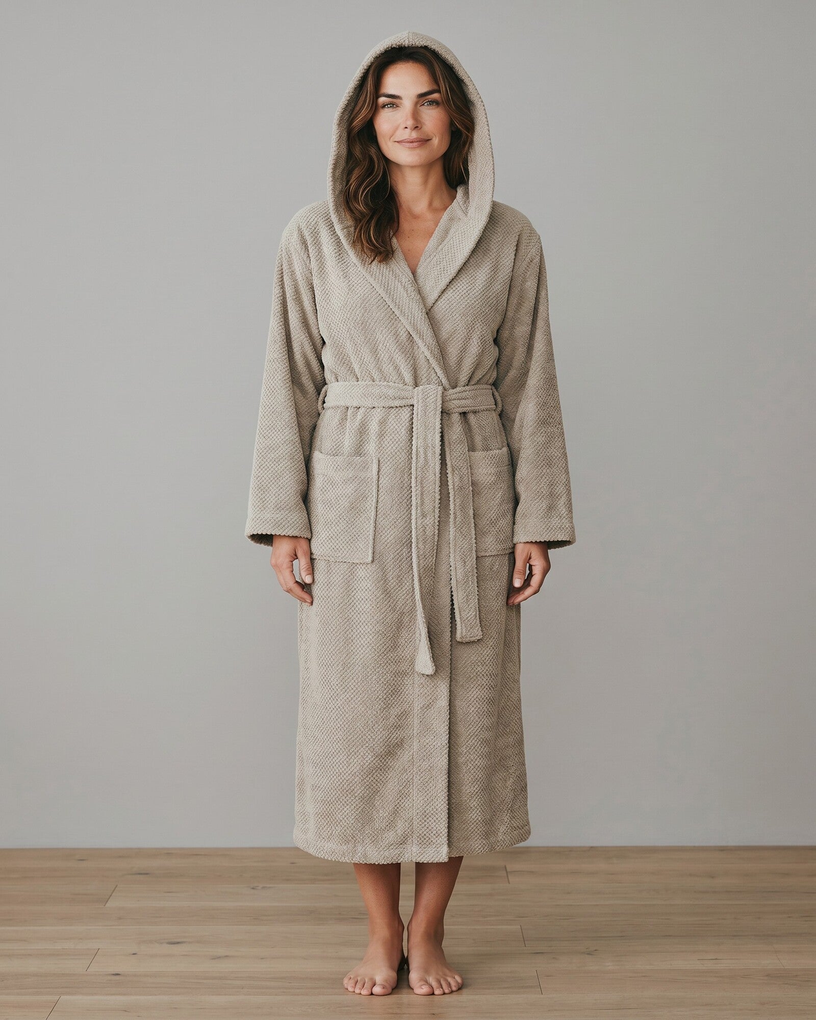 Accappatoio unisex sabbia Rebecca Home Giulia in spugna 100% cotone jacquard con cappuccio