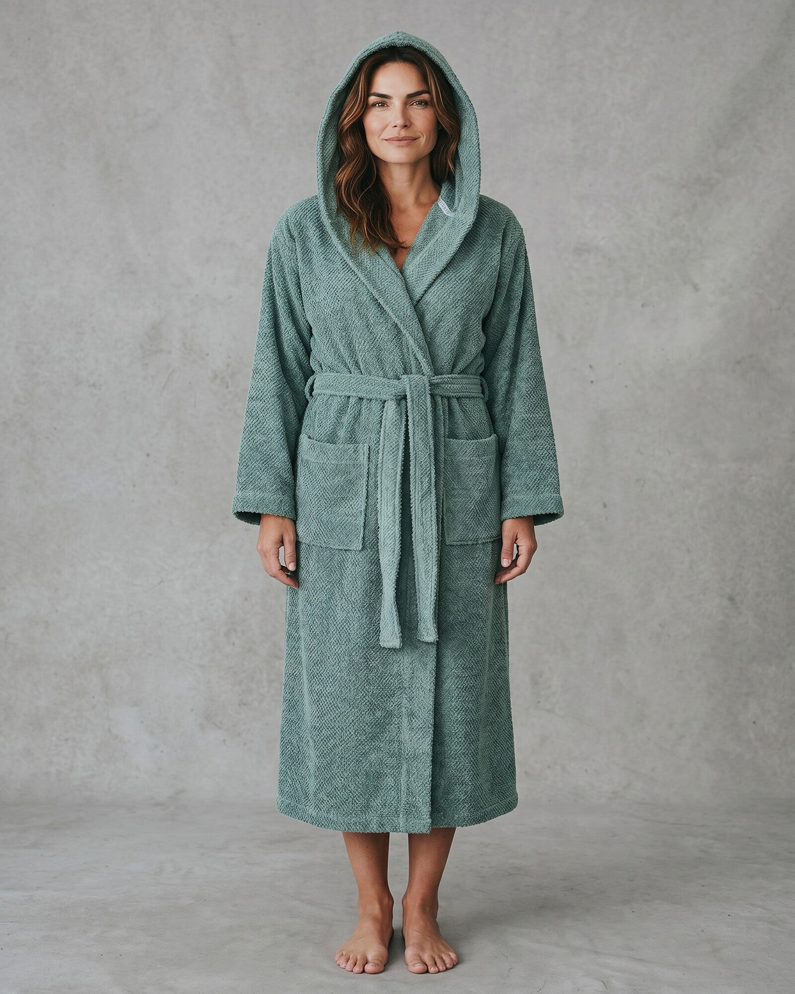 Accappatoio unisex salvia Rebecca Home Giulia in spugna 100% cotone jacquard con cappuccio