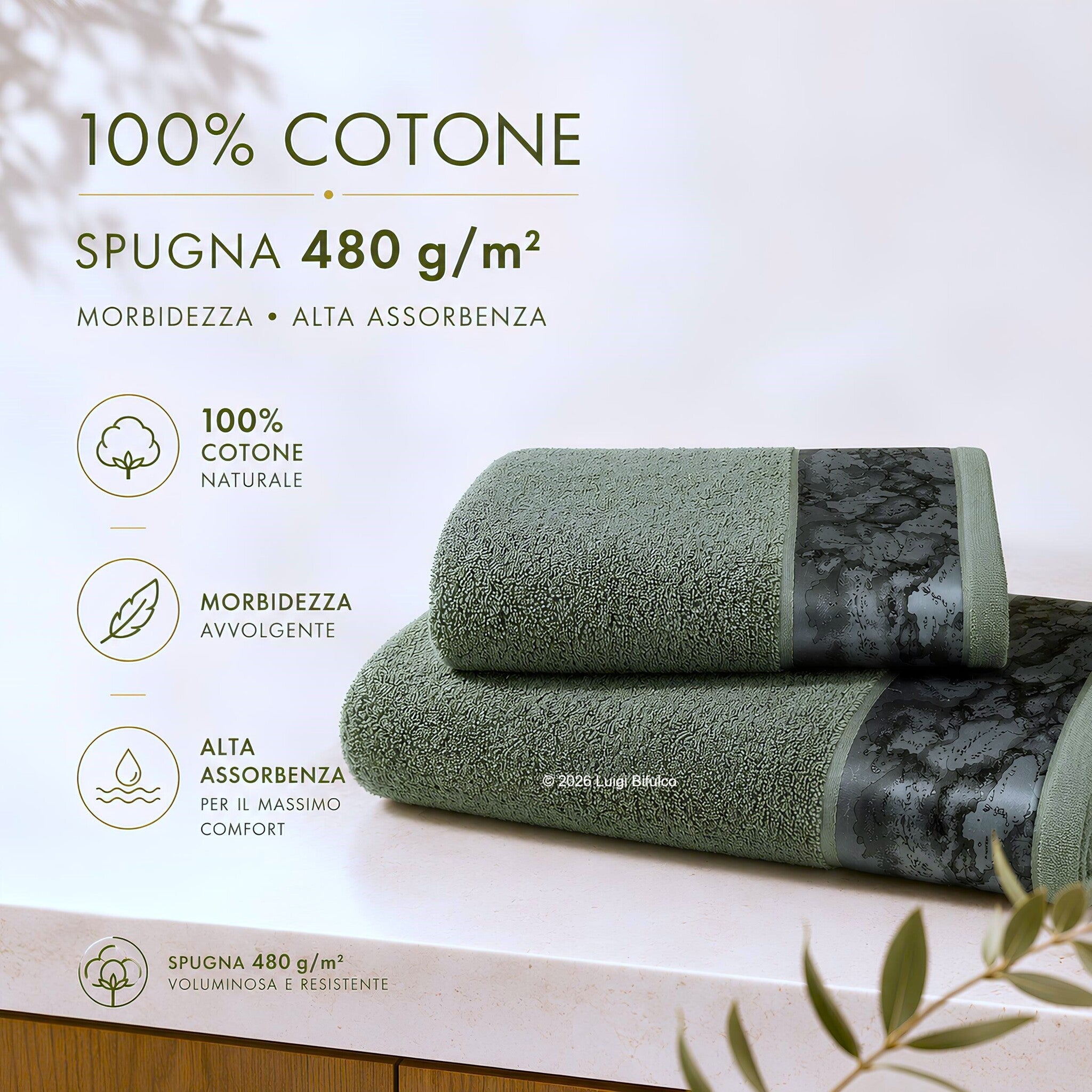 Infografica set asciugamani Alviero Martini 100% cotone 480 g m² ad alta assorbenza