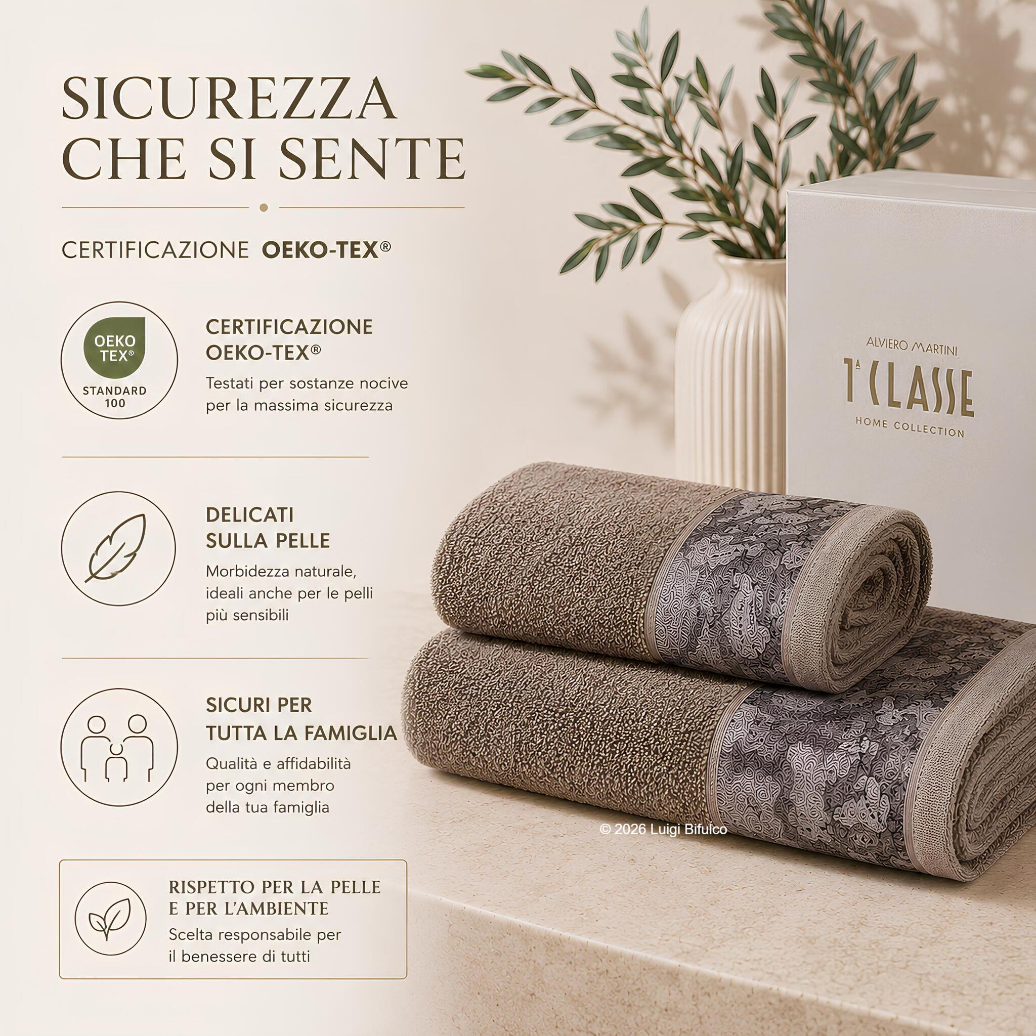 Set asciugamani Alviero Martini Geo Country certificato OEKO TEX Standard 100 colore tortora