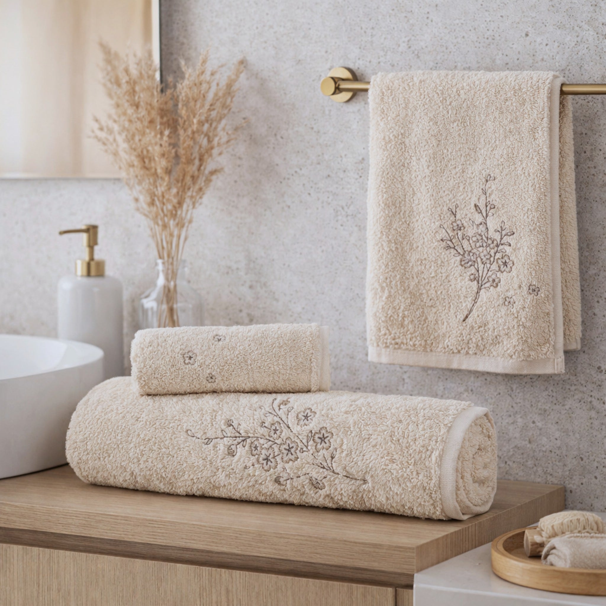 Set asciugamani beige ambientato bagno elegante naturale