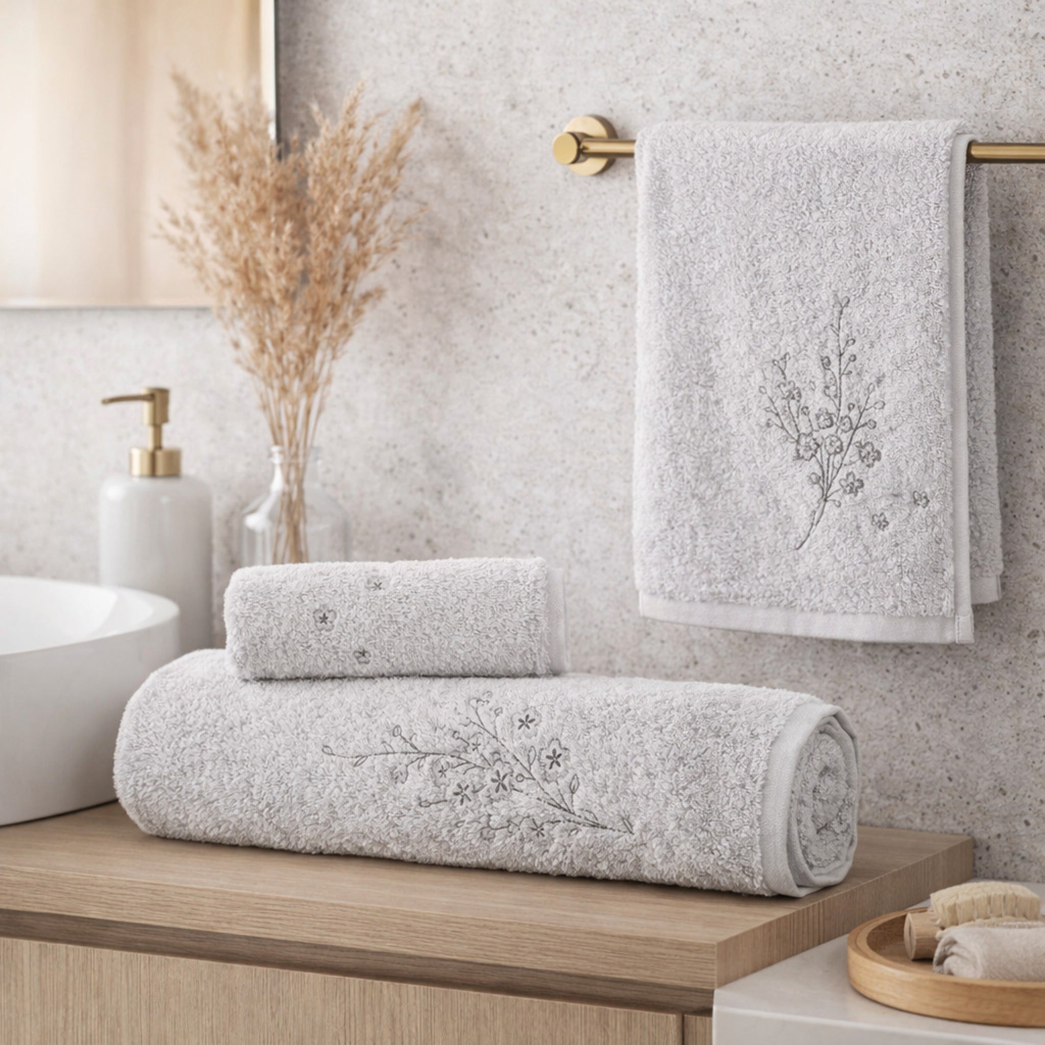 Set asciugamani grigio ambientato bagno moderno elegante