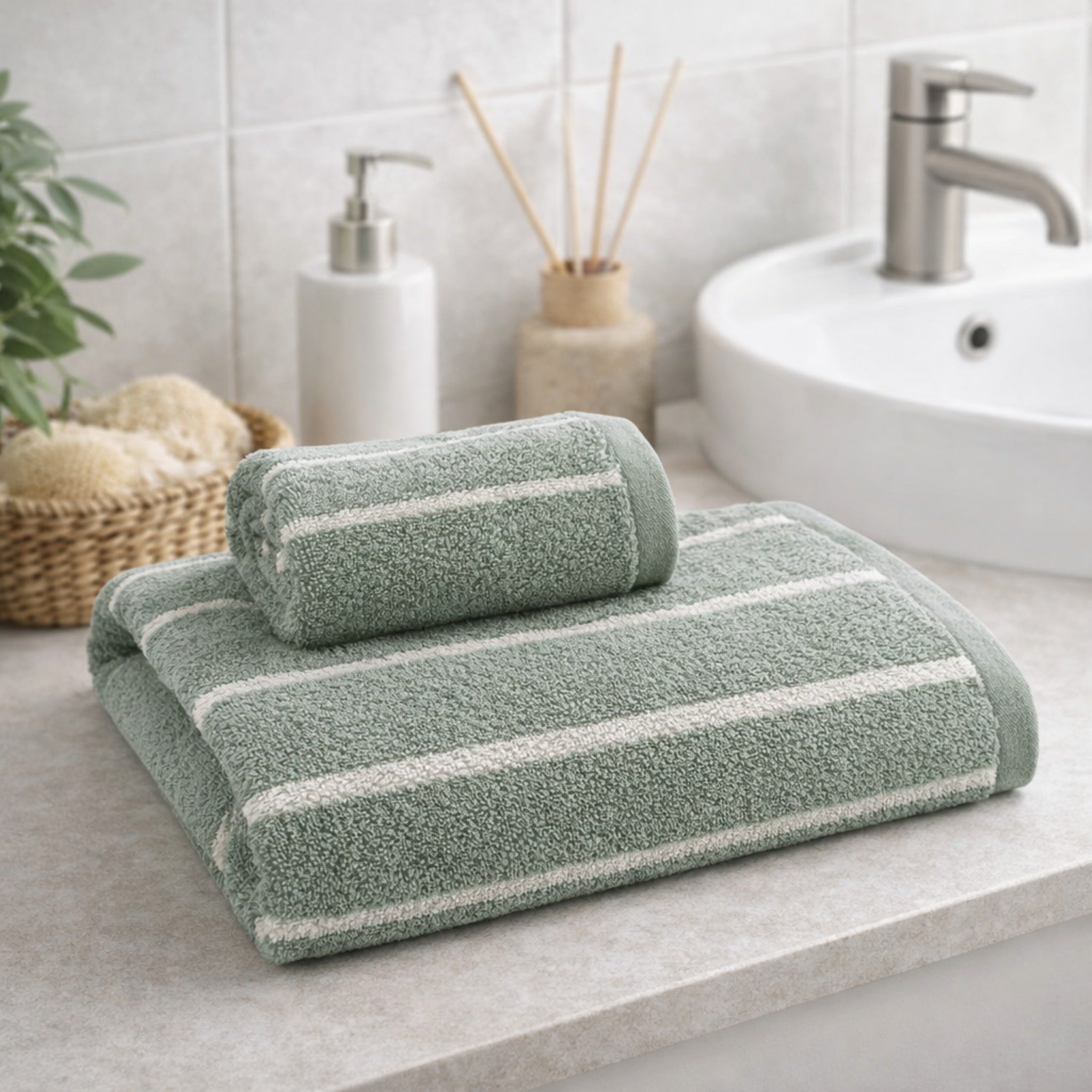 Set asciugamani bagno elegante verde salvia stile nordico