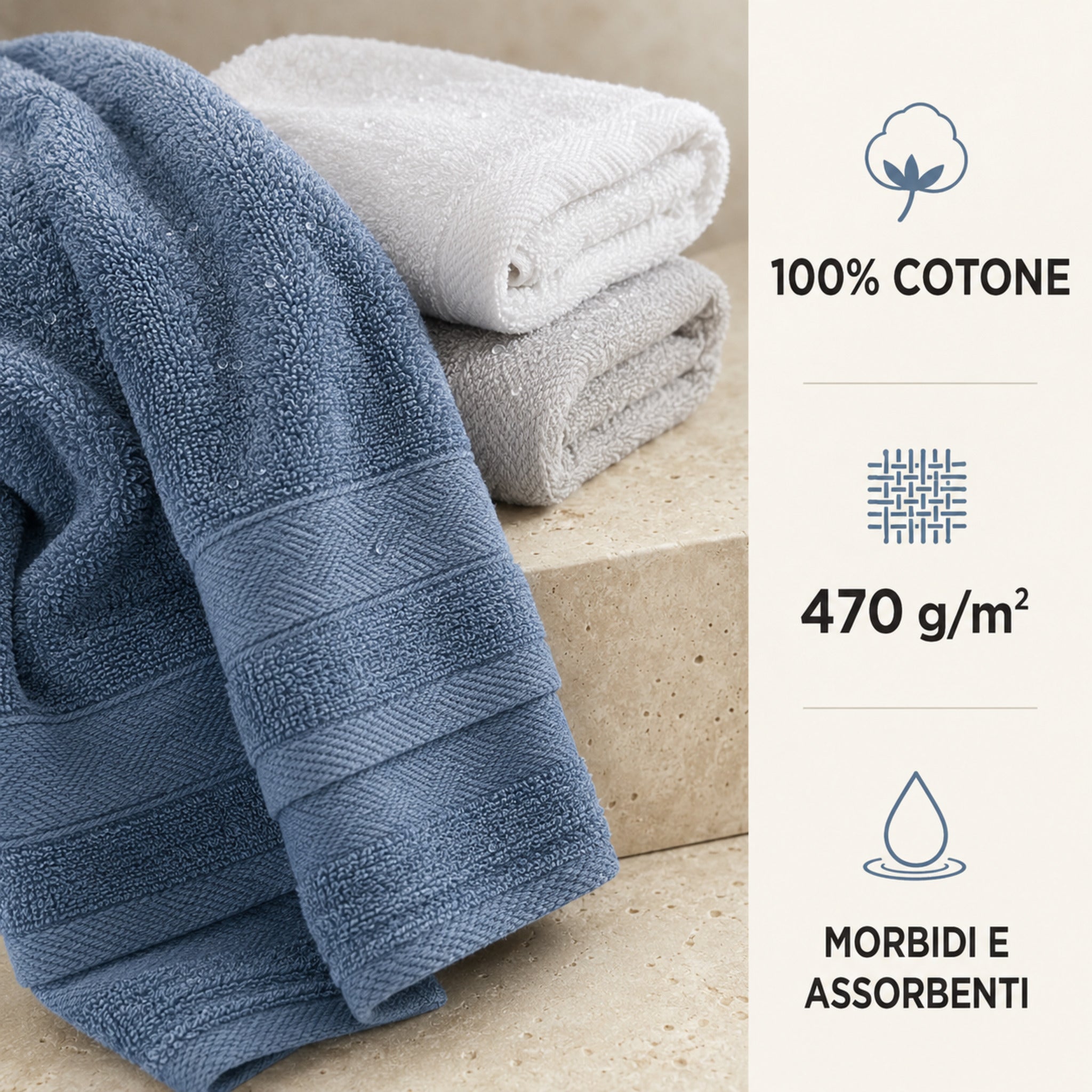 Asciugamani in cotone 470 g/m² bianco, indigo e grigio, morbidi e assorbenti
