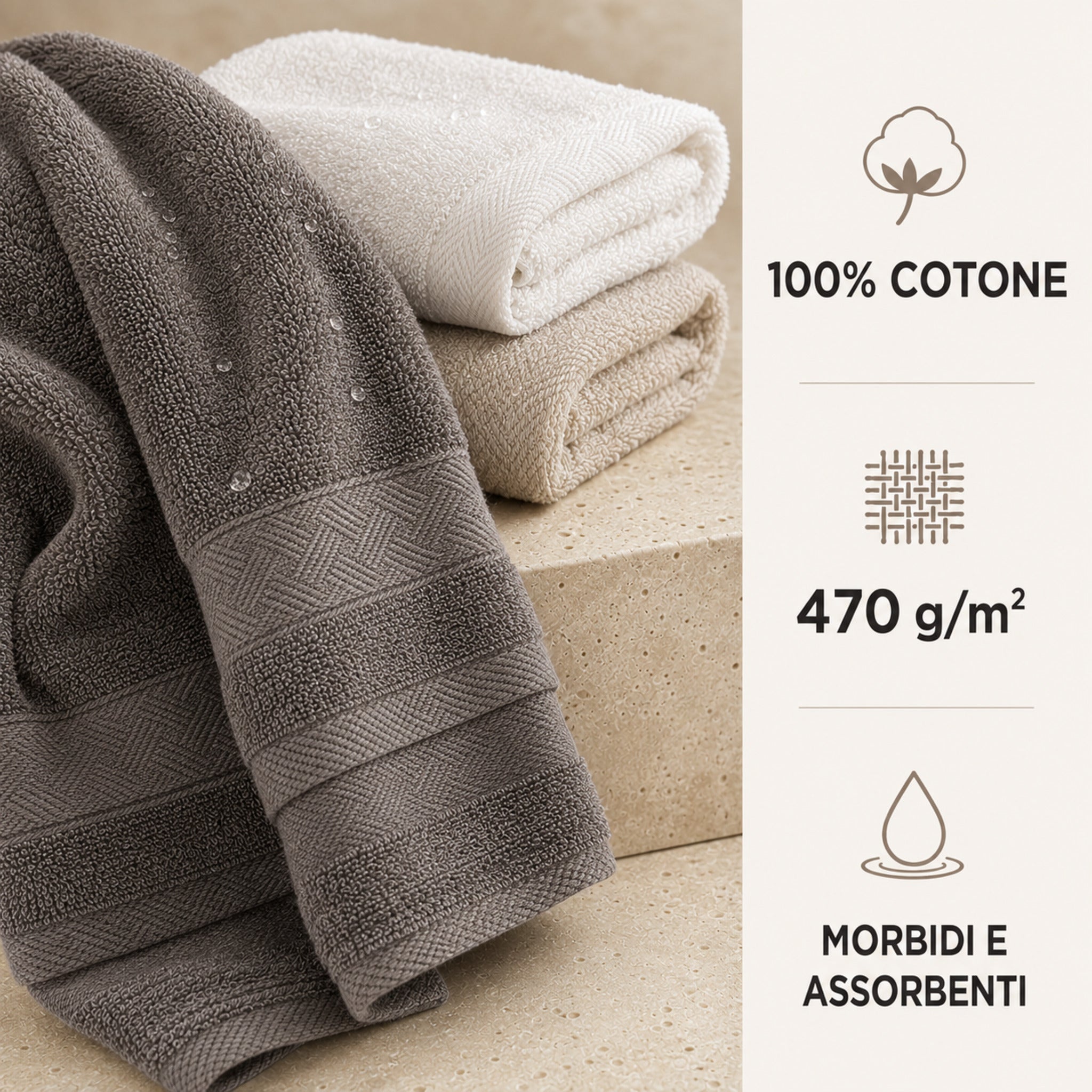 Asciugamani in cotone 470 g/m² panna, sabbia e tortora, morbidi e assorbenti