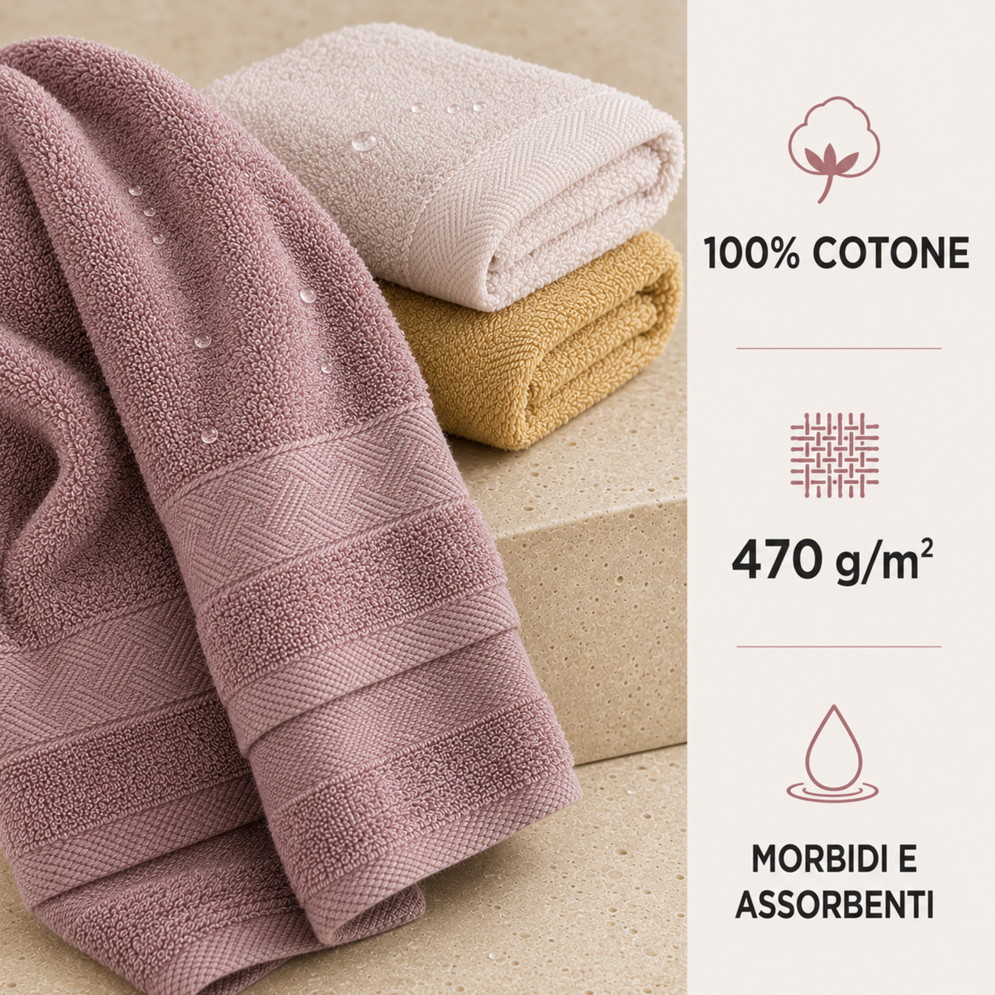 Asciugamani in cotone 470 g/m² rosa antico, cipria e giallo, morbidi e assorbenti