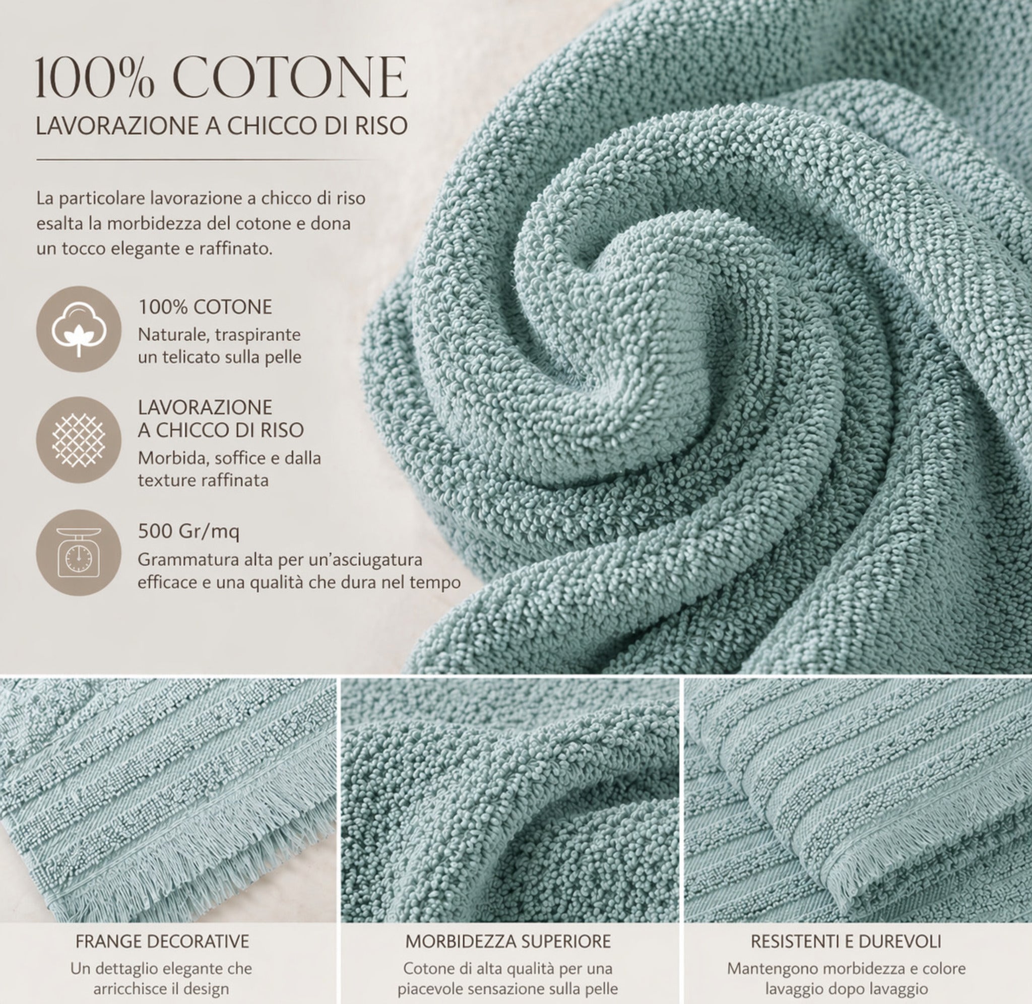 asciugamani cotone 500 gsm lavorazione chicco di riso dettaglio