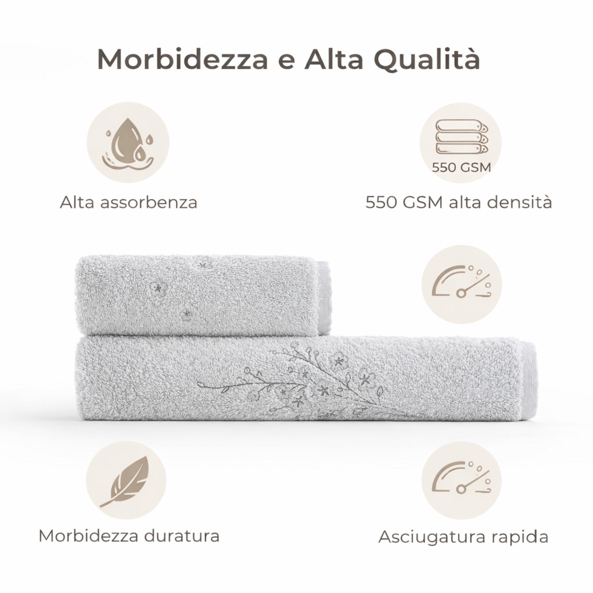 Asciugamani grigio alta assorbenza spugna cotone pettinato 550 GSM