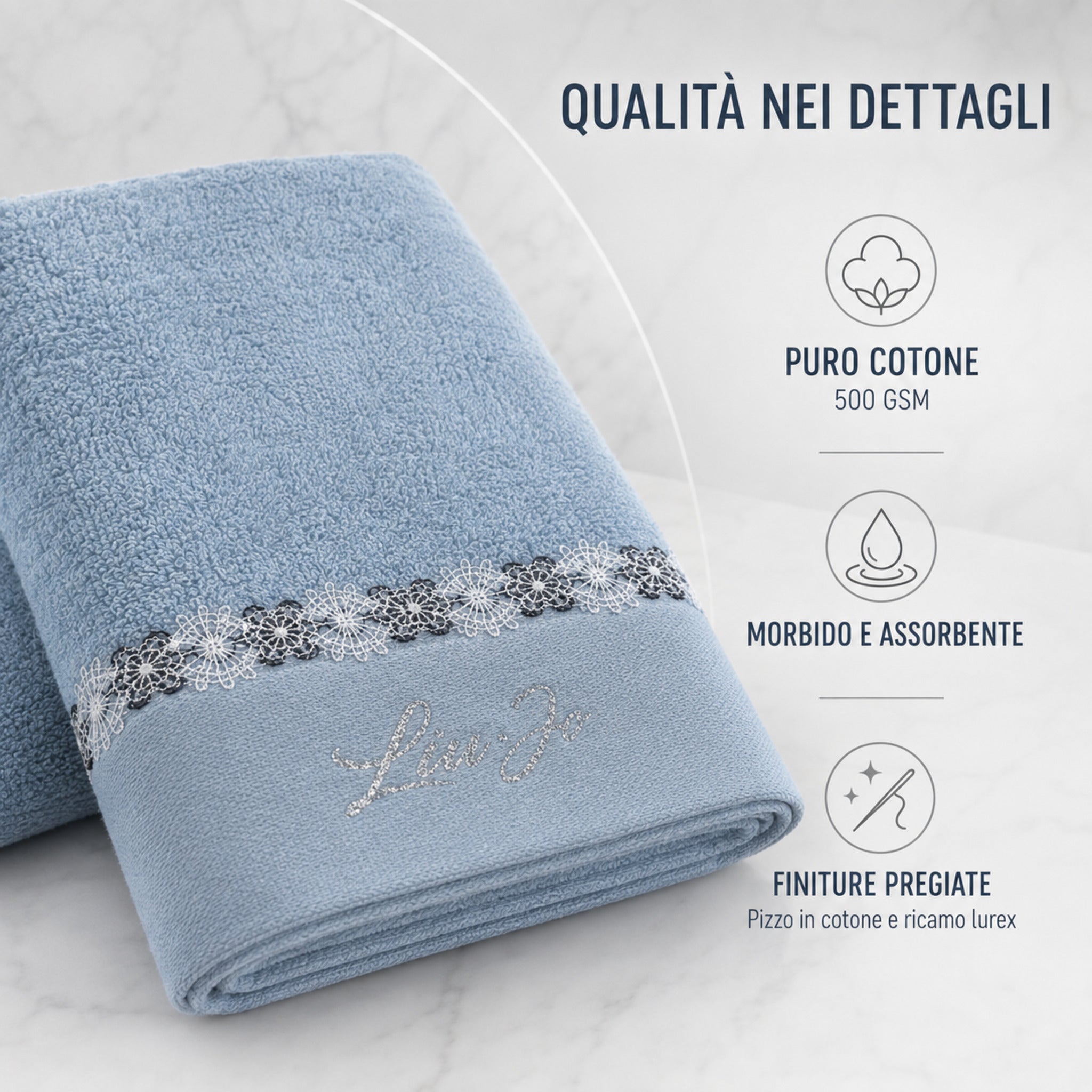 Asciugamano Liu Jo Everest Zucchero in cotone 500 g/m² con pizzo e logo lurex, morbido e assorbente