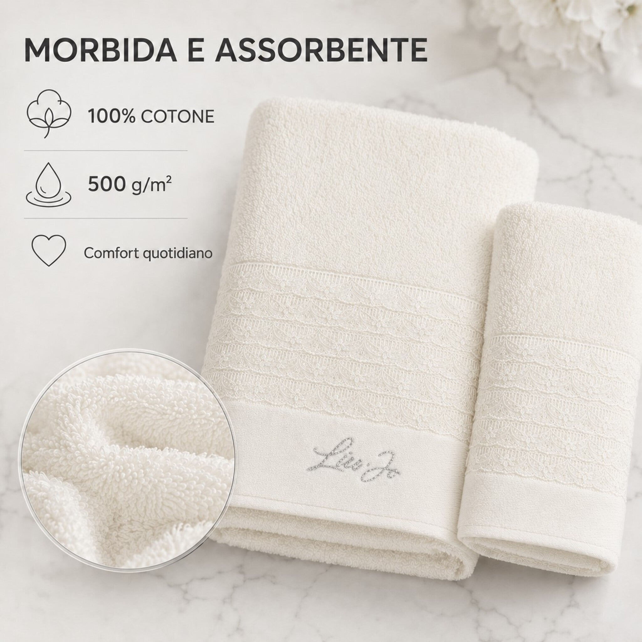 Asciugamani Liu Jo Paradiso Avorio in cotone 500 g/m², morbidi e assorbenti