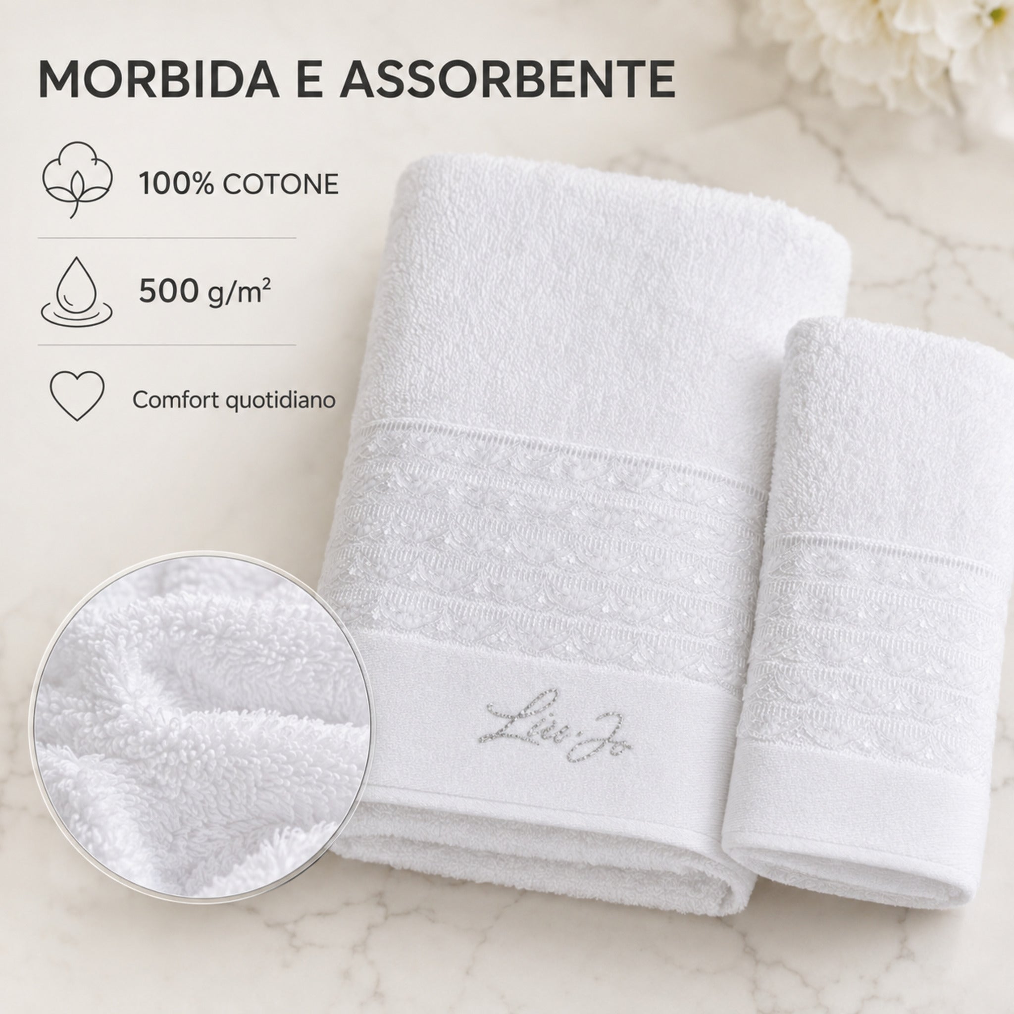 Asciugamani Liu Jo Paradiso Bianco in cotone 500 g/m², morbidi e assorbenti