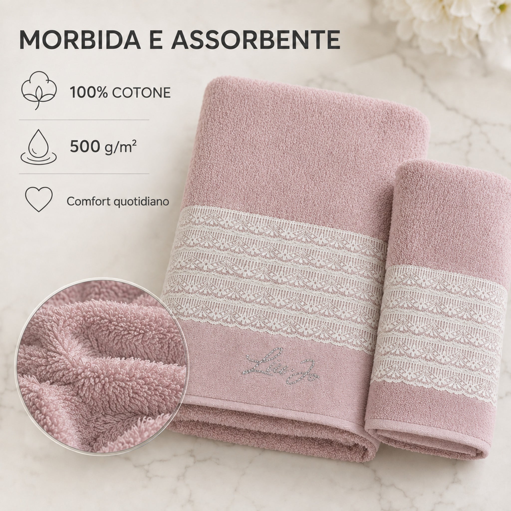 Asciugamani Liu Jo Paradiso Rosy in cotone 500 g/m², morbidi e assorbenti