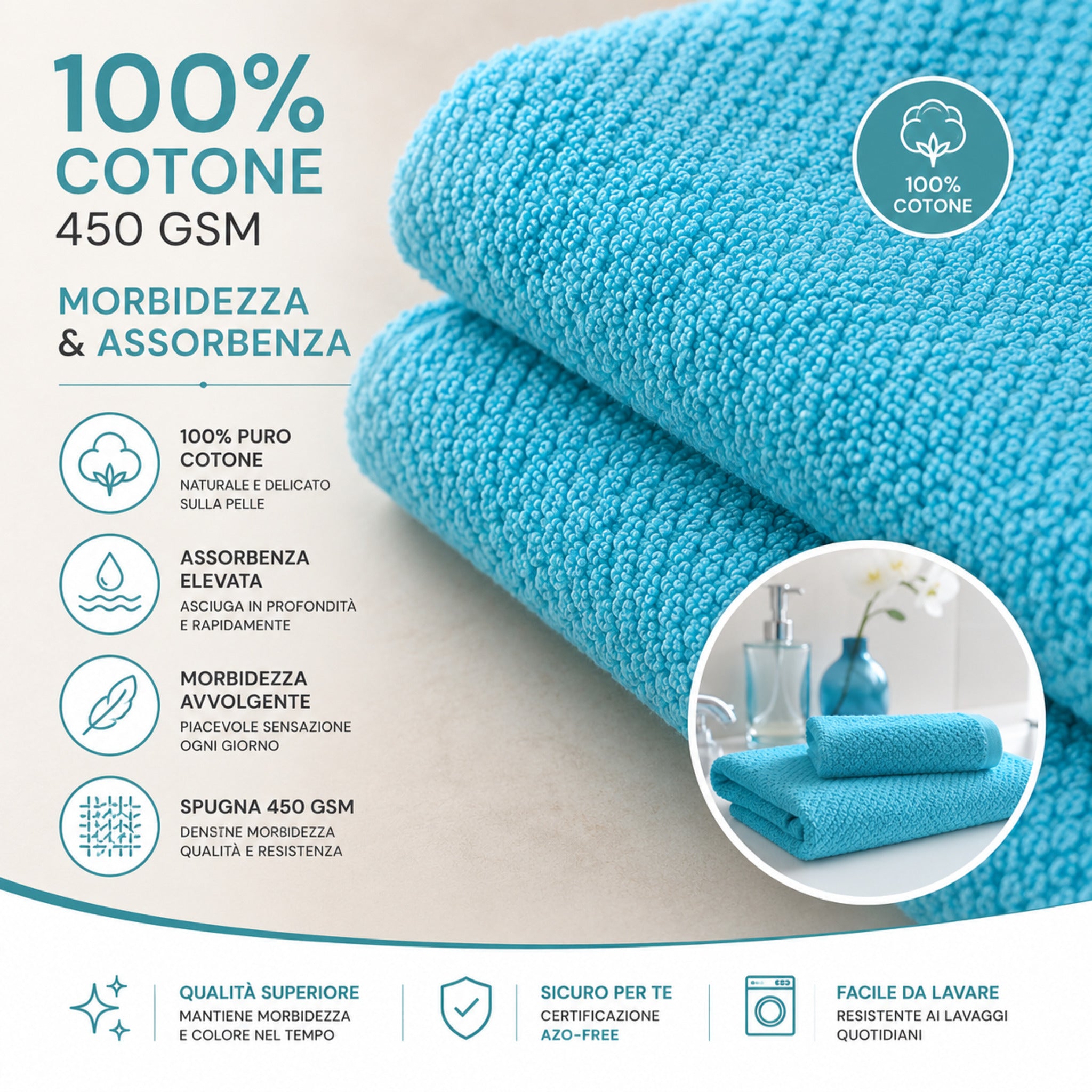 Dettaglio spugna 100% cotone 450 GSM del set asciugamani Maison Sucrée Pepe acqua