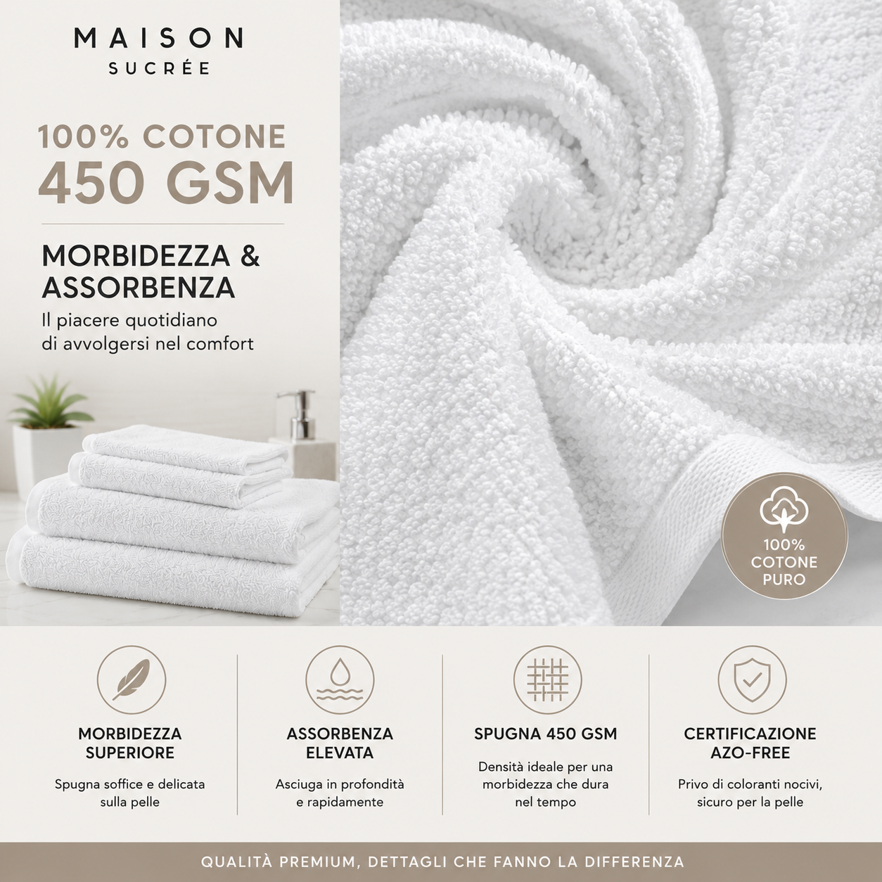 Dettaglio spugna 100% cotone 450 GSM del set asciugamani Maison Sucrée Pepe bianco