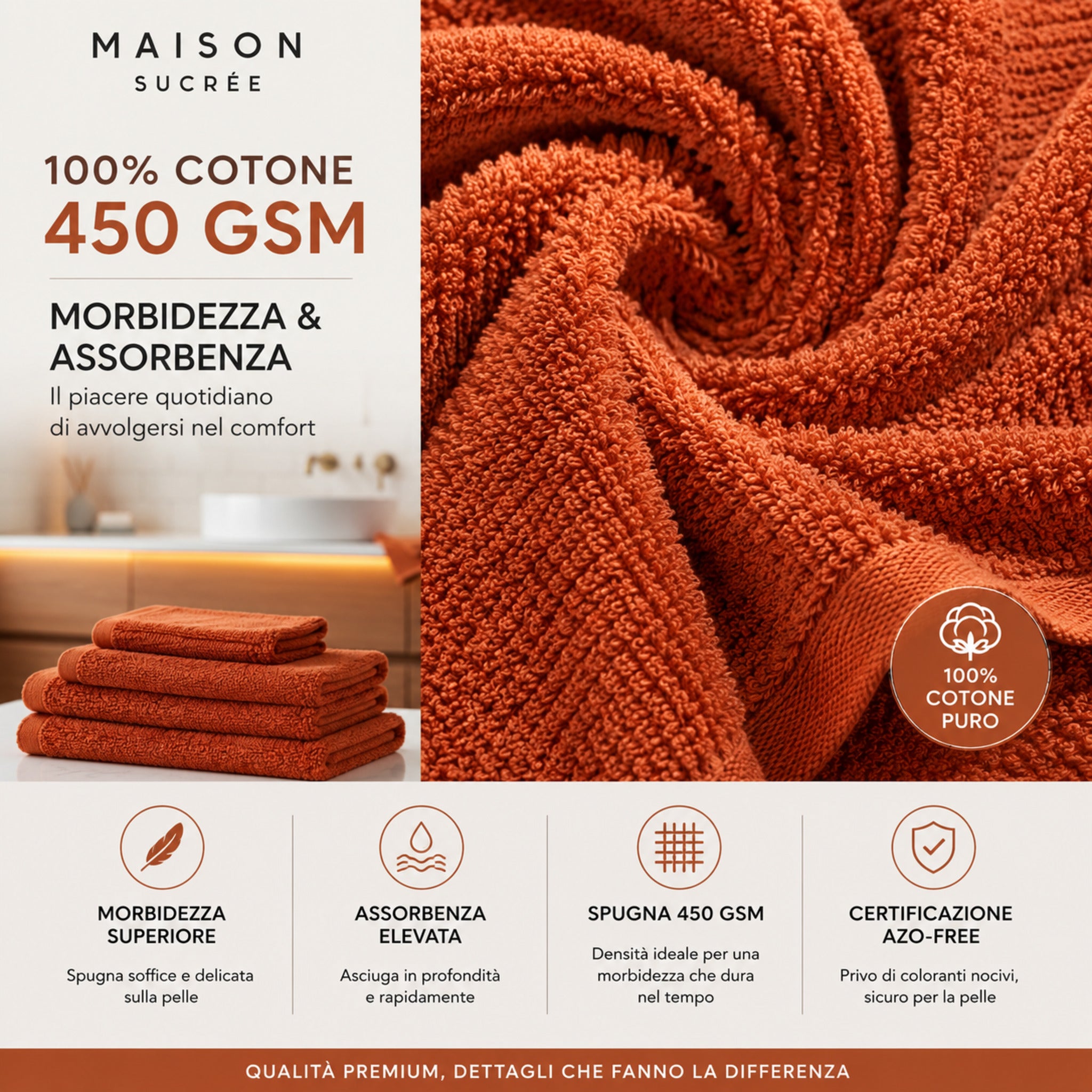 Dettaglio spugna 100% cotone 450 GSM del set asciugamani Maison Sucrée Pepe bruciato