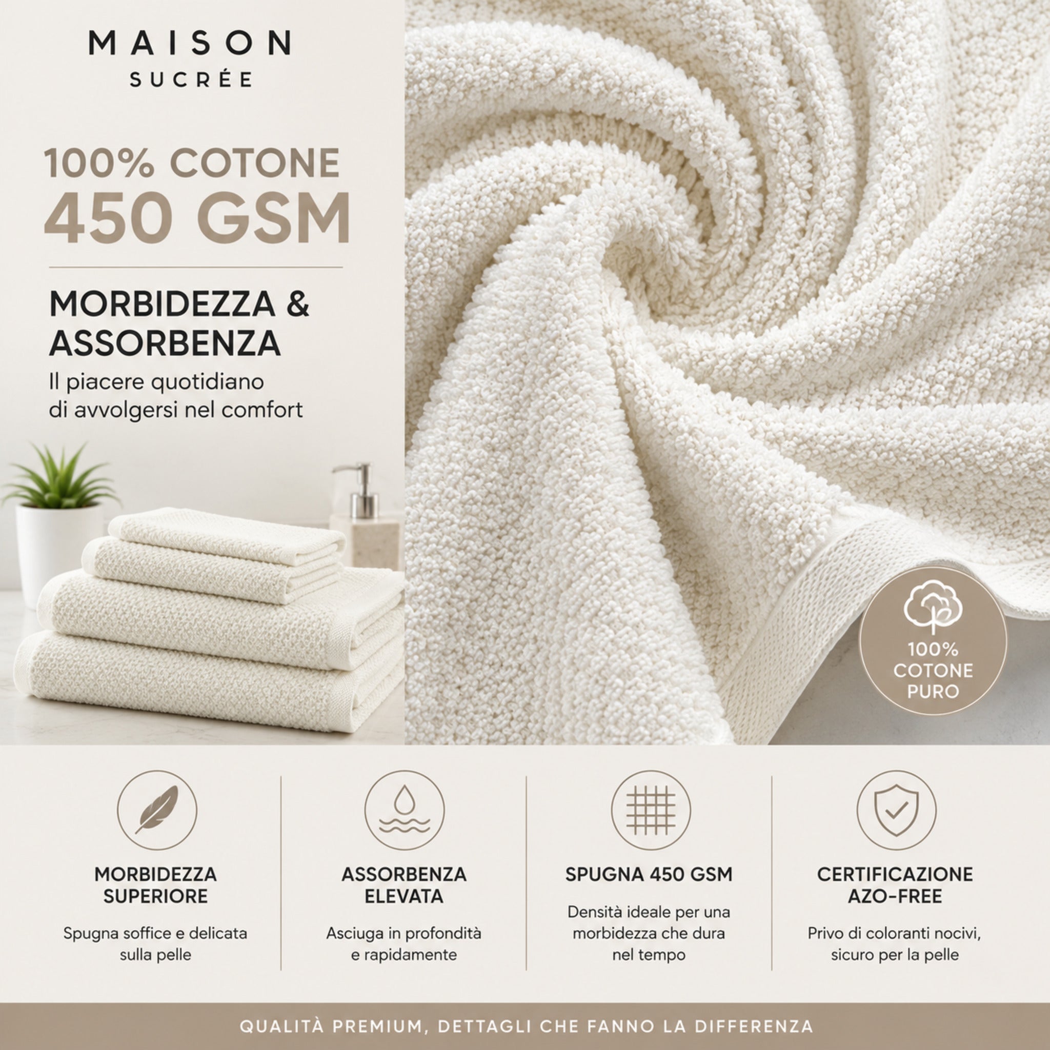Dettaglio spugna 100% cotone 450 GSM del set asciugamani Maison Sucrée Pepe burro