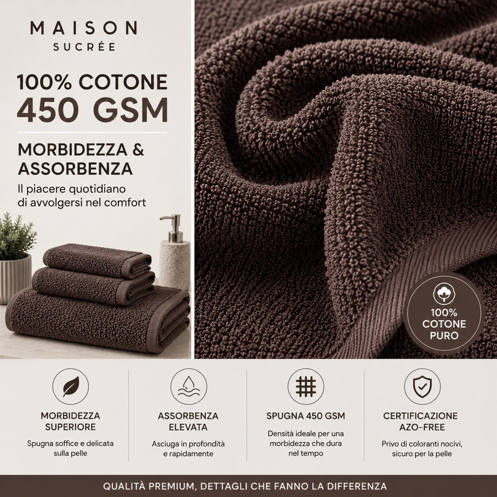 Dettaglio spugna 100% cotone 450 GSM del set asciugamani Maison Sucrée Pepe cioccolato