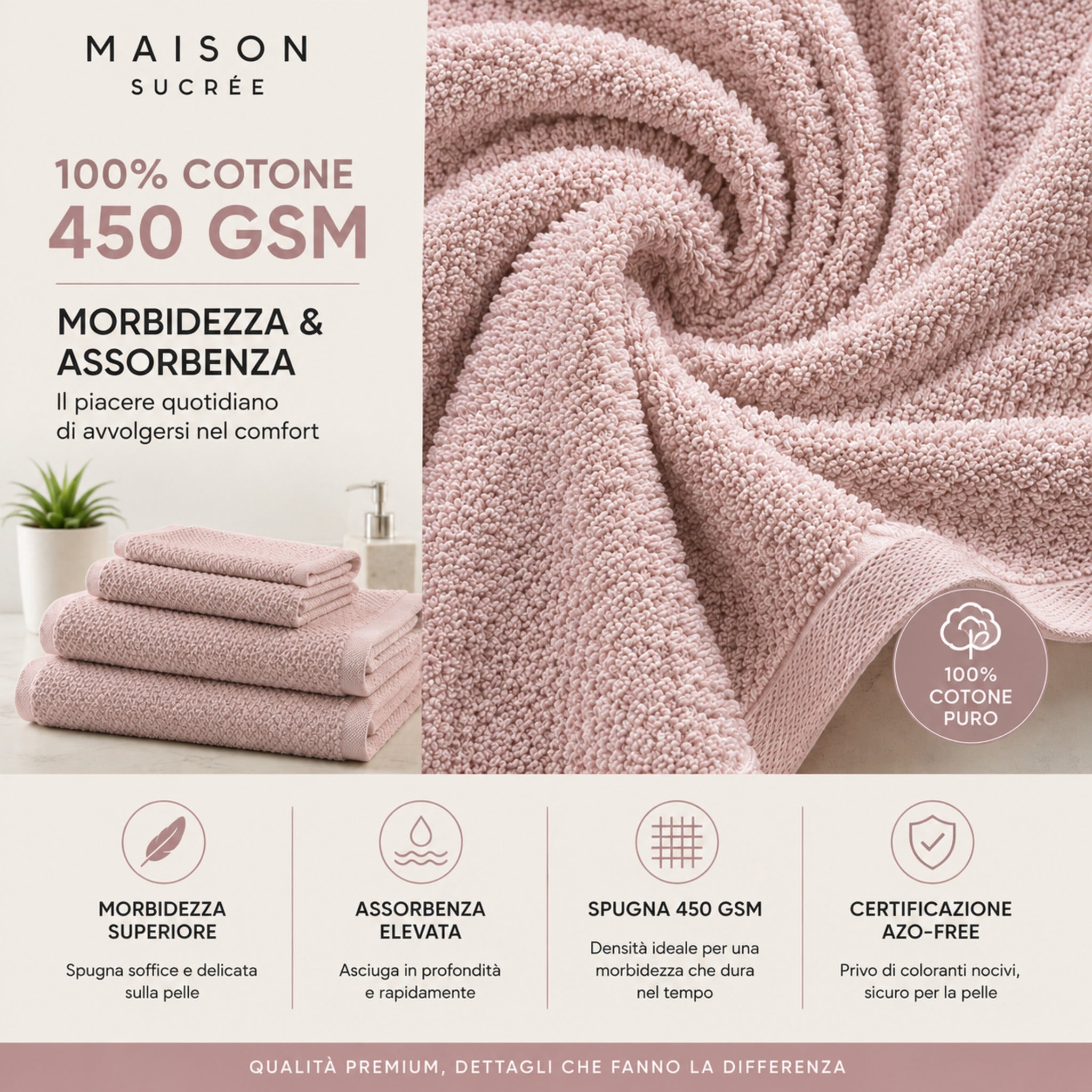 Dettaglio spugna 100% cotone 450 GSM del set asciugamani Maison Sucrée Pepe cipria