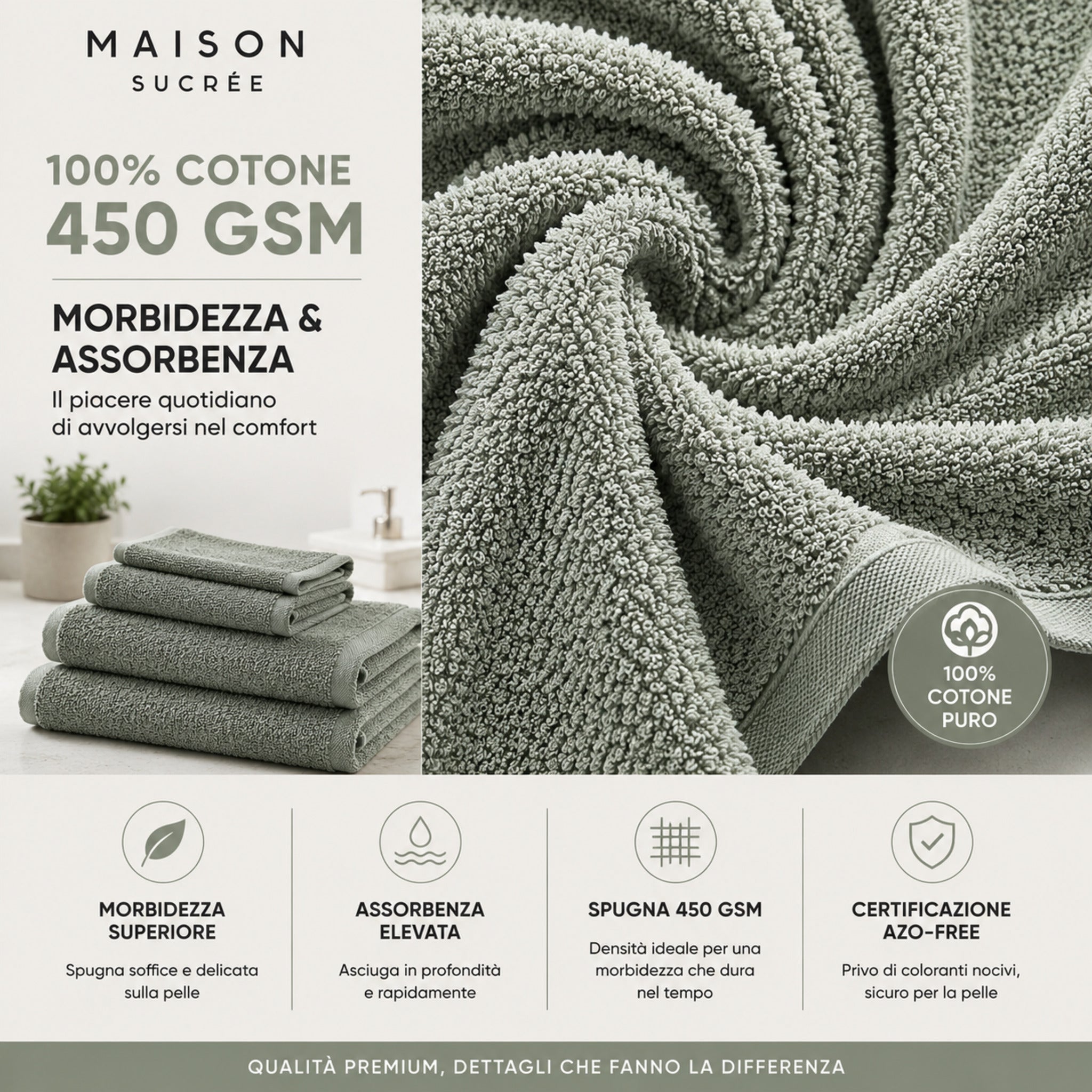 Dettaglio spugna 100% cotone 450 GSM del set asciugamani Maison Sucrée Pepe eucalipto