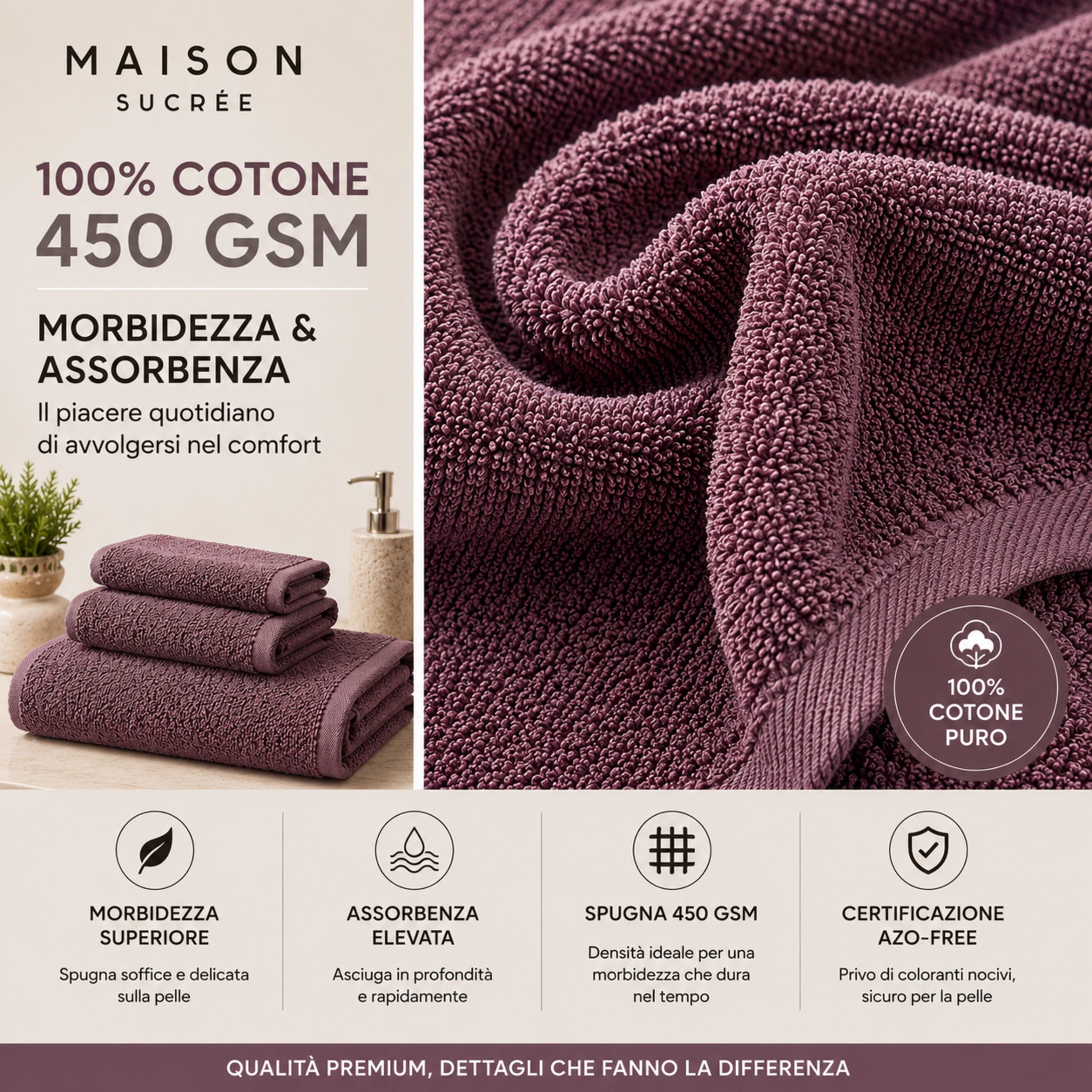 Dettaglio spugna 100% cotone 450 GSM del set asciugamani Maison Sucrée Pepe marsala