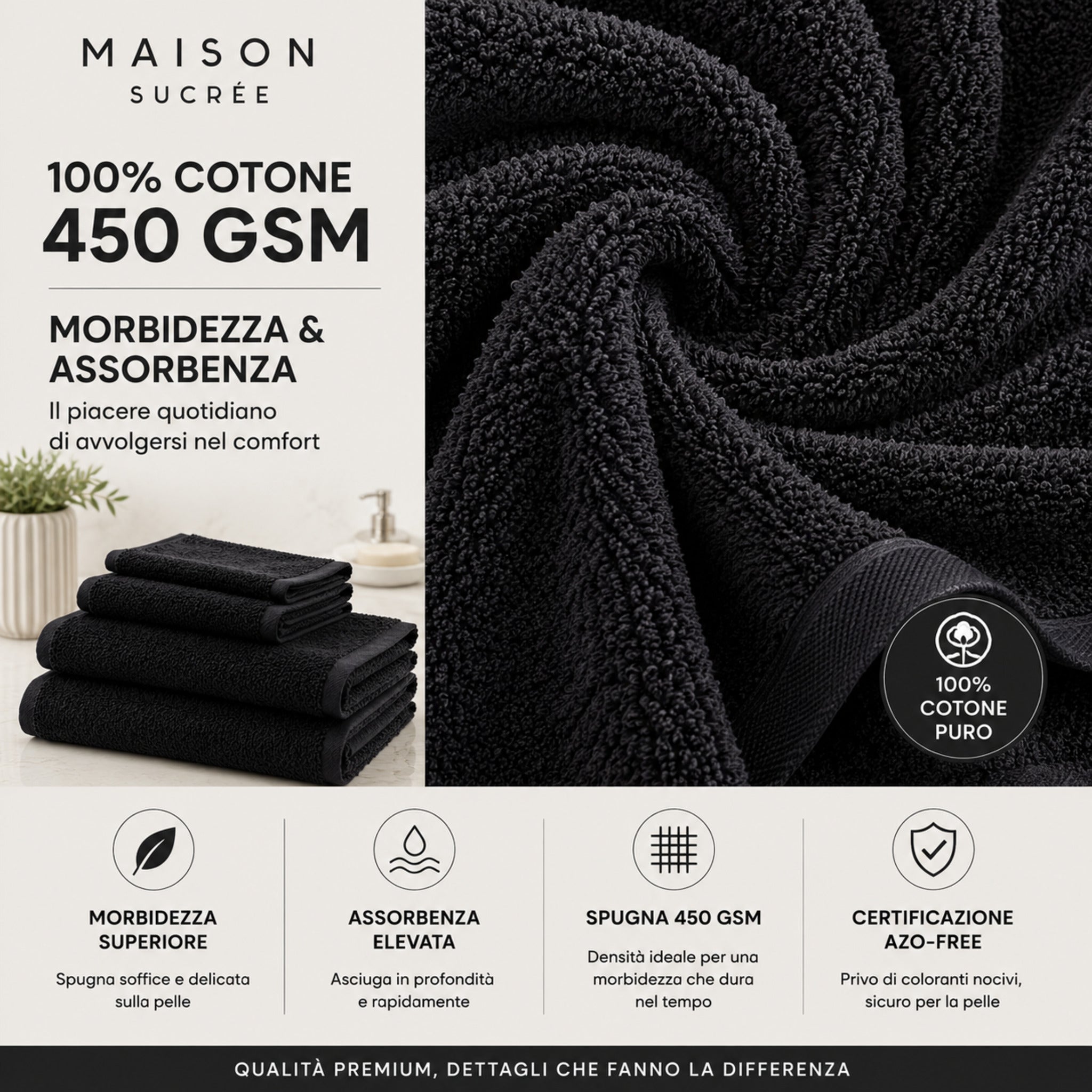 Dettaglio spugna 100% cotone 450 GSM del set asciugamani Maison Sucrée Pepe nero