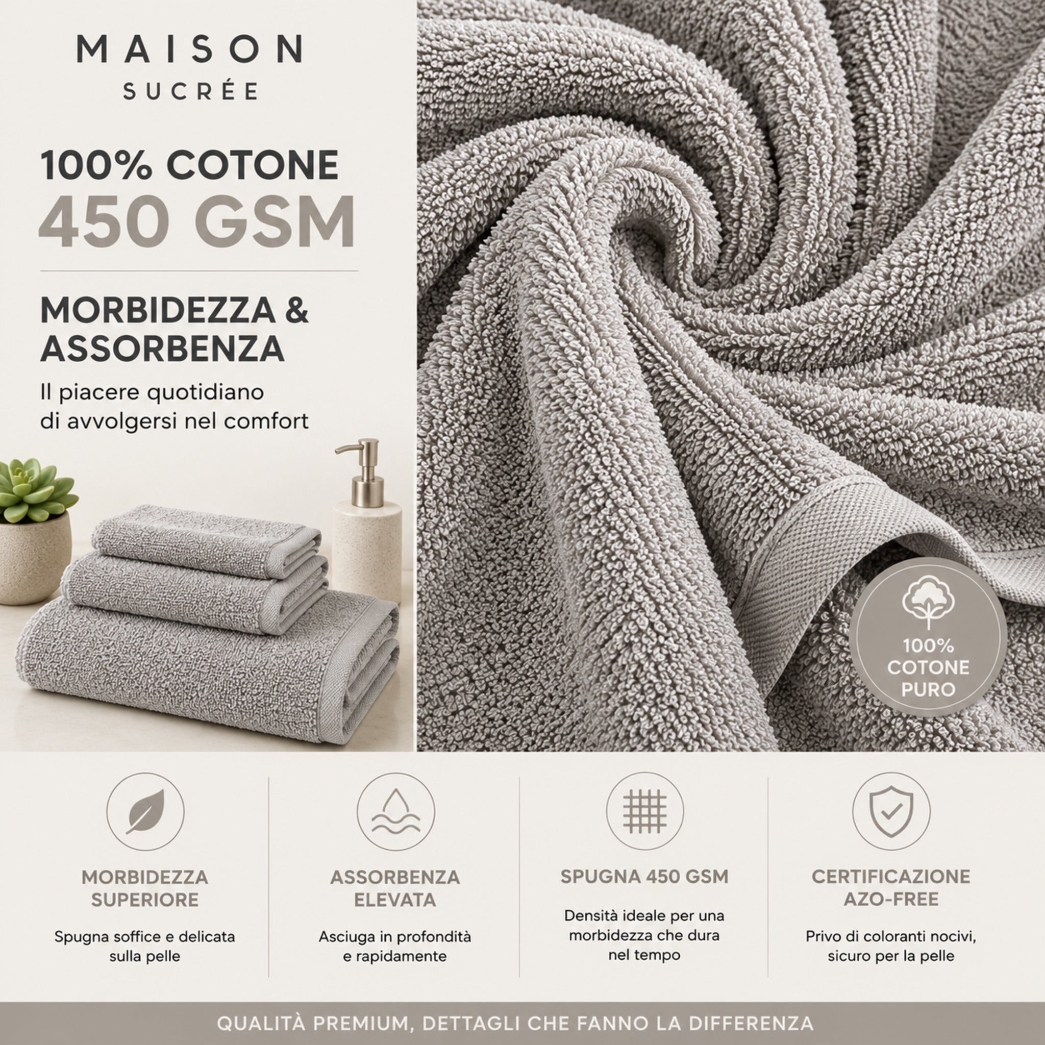 Dettaglio spugna 100% cotone 450 GSM del set asciugamani Maison Sucrée Pepe perla