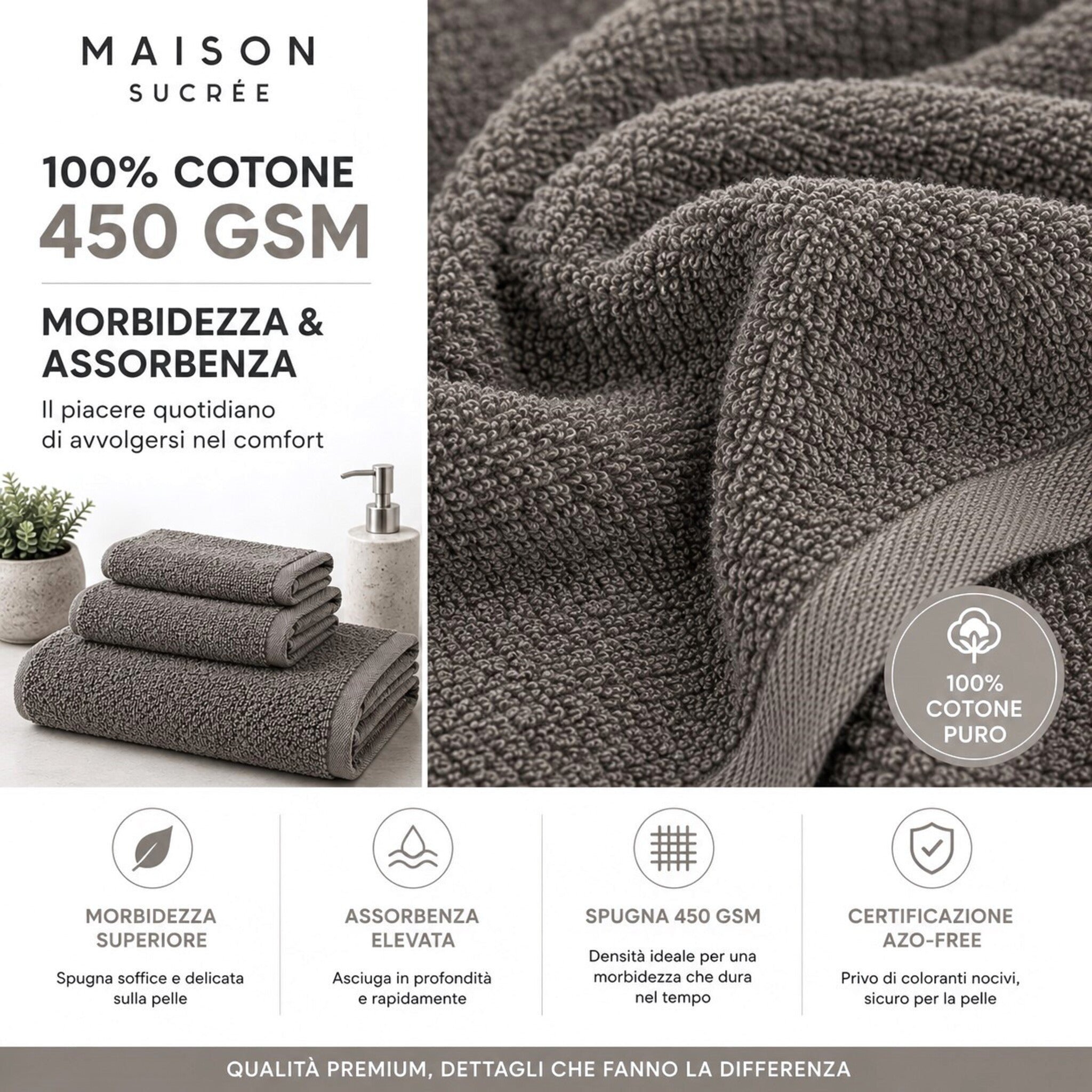 Dettaglio spugna 100% cotone 450 GSM del set asciugamani Maison Sucrée Pepe pietra