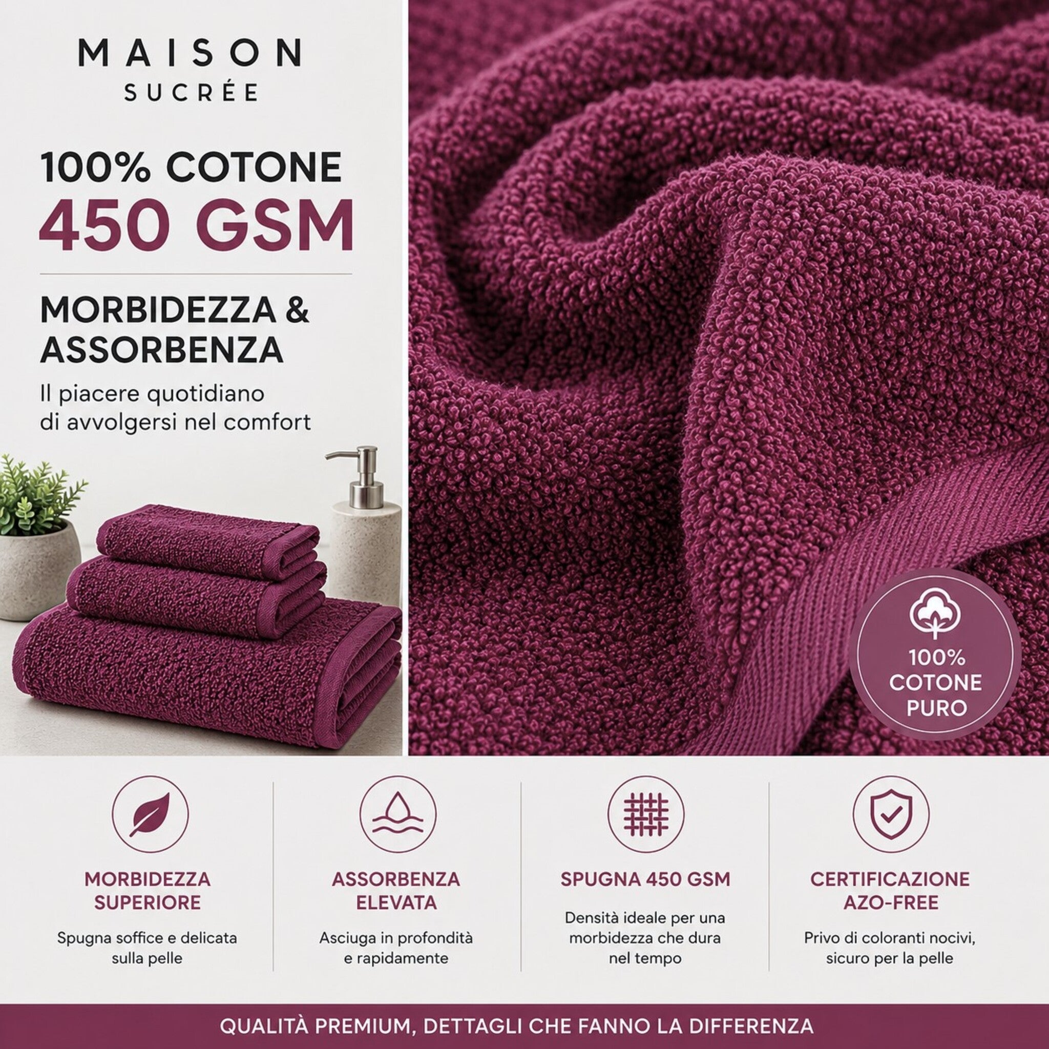 Dettaglio spugna 100% cotone 450 GSM del set asciugamani Maison Sucrée Pepe prugna